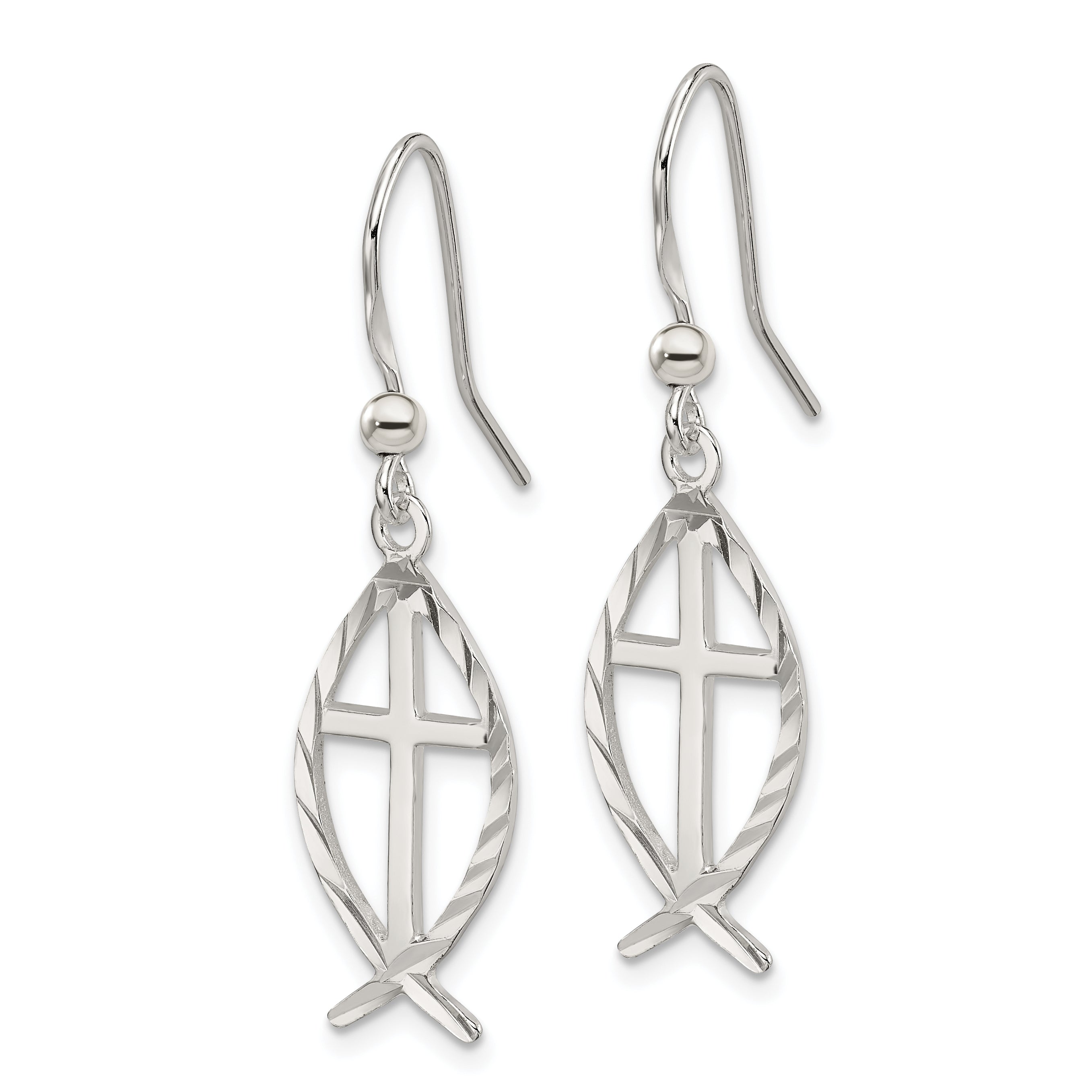 Sterling Silver Polished & D/C Cross & Ichthus Dangle Earrings Secondary image