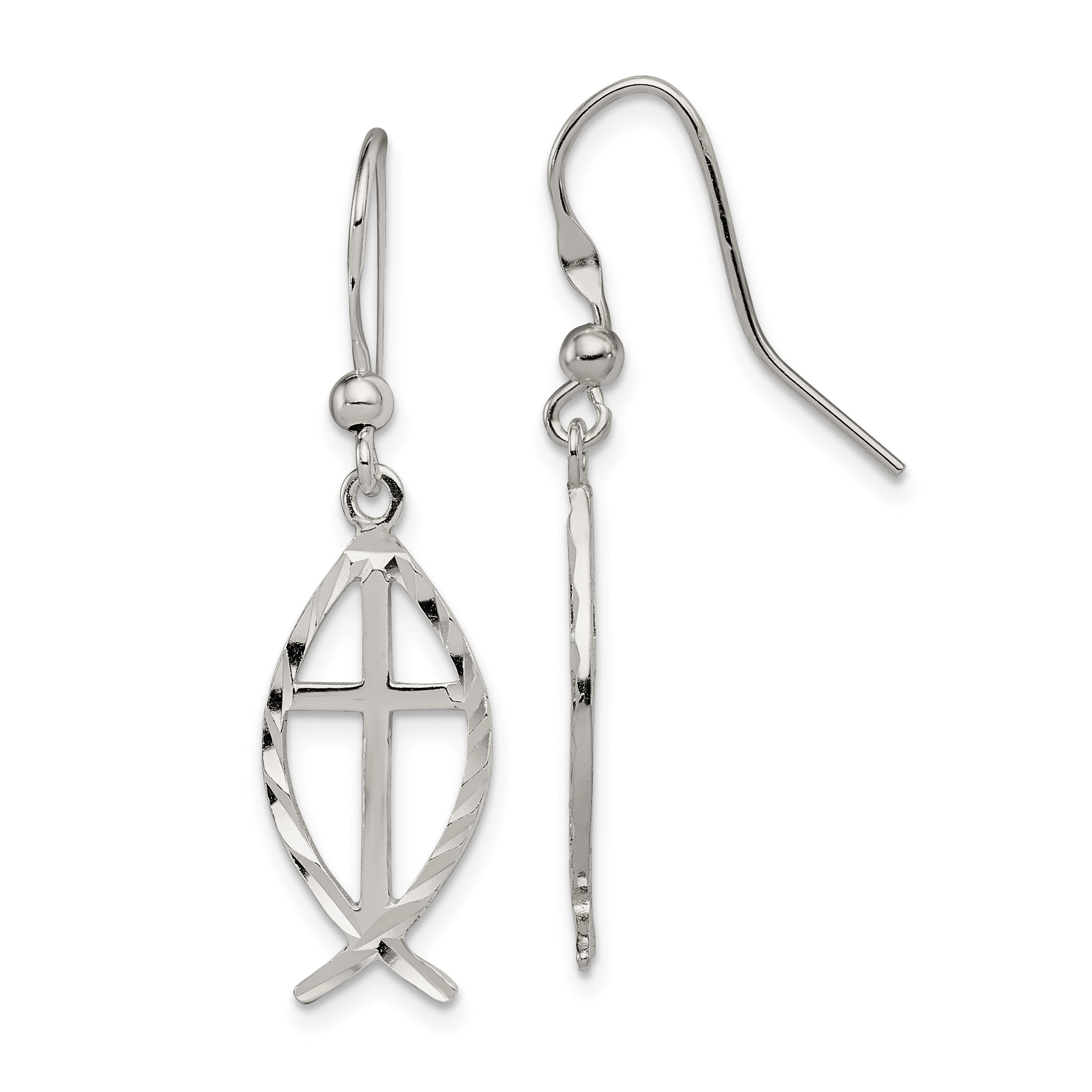 Sterling Silver Polished & D/C Cross & Ichthus Dangle Earrings Main image