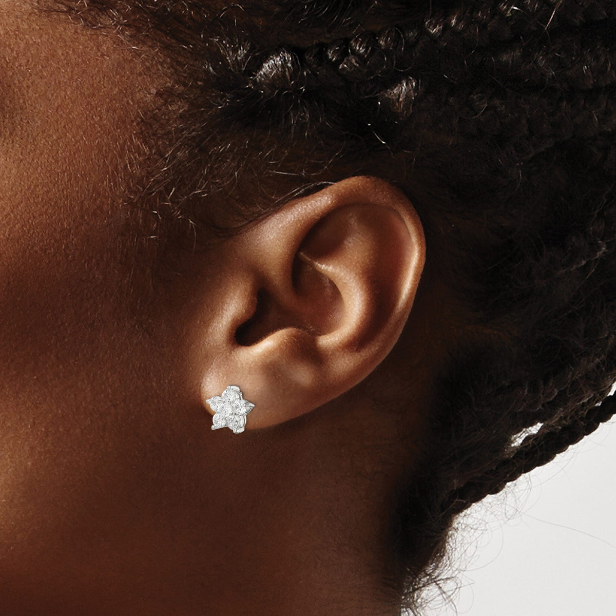Sterling Silver Rhodium-Plated Cubic Zirconia Flower Post Earrings, Clear - Sophia Jewelers