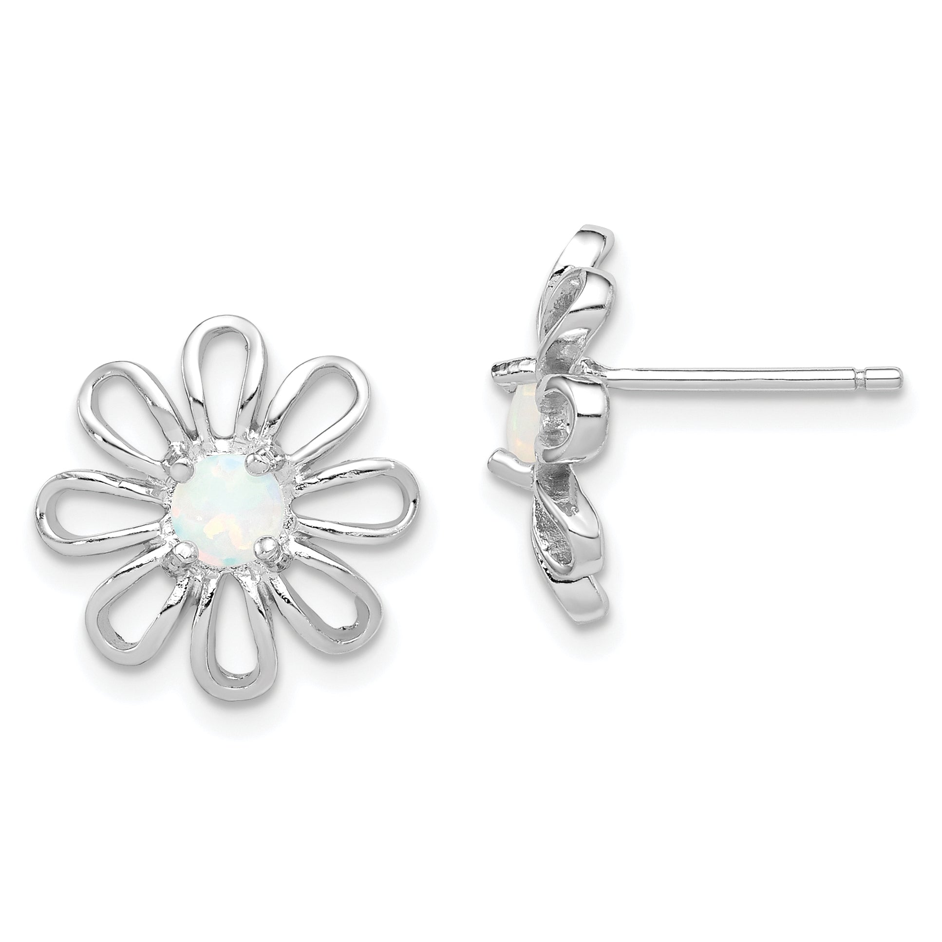 Sterling Silver Rhodium-plated Created Opal Daisy Post Earrings Main image