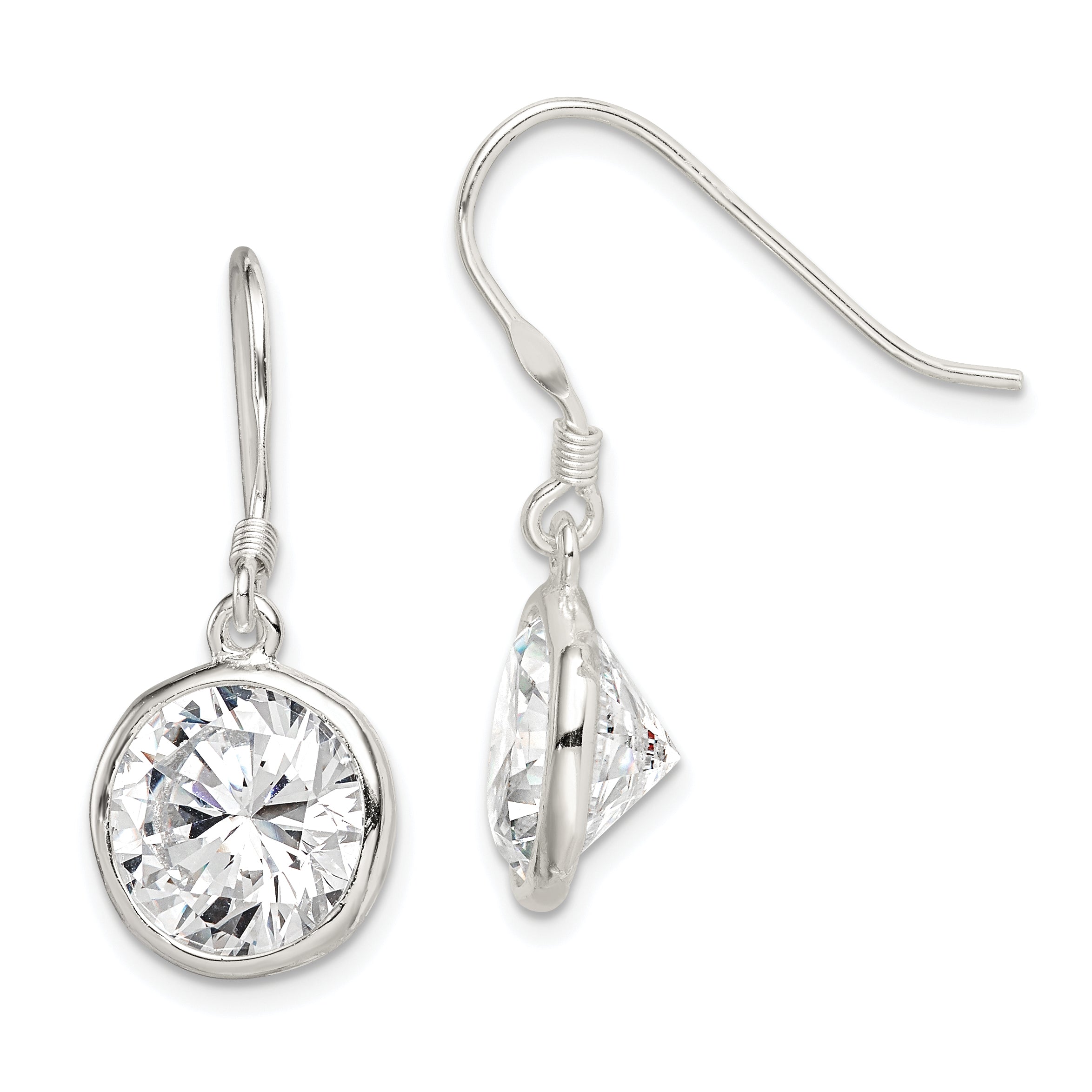 Sterling Silver Polished 11mm Round CZ Bezel Set Dangle Earrings