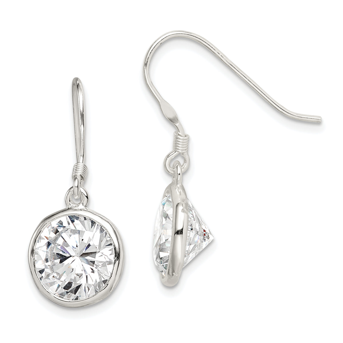 Sterling Silver Polished 11mm Round CZ Bezel Set Dangle Earrings