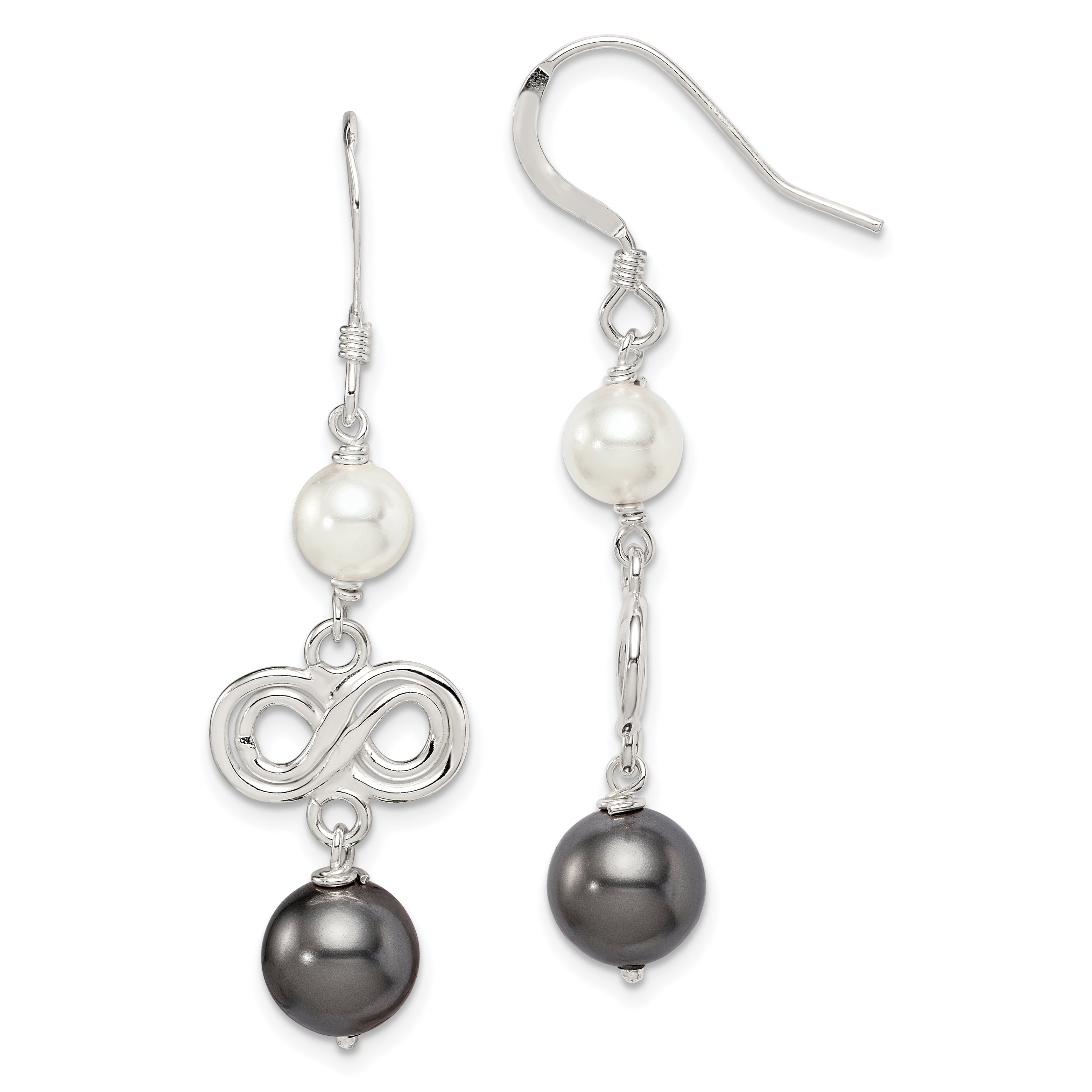 Sterling Silver Polished Grey & White Glass Pearl Infinity Dangle Earrings Main image