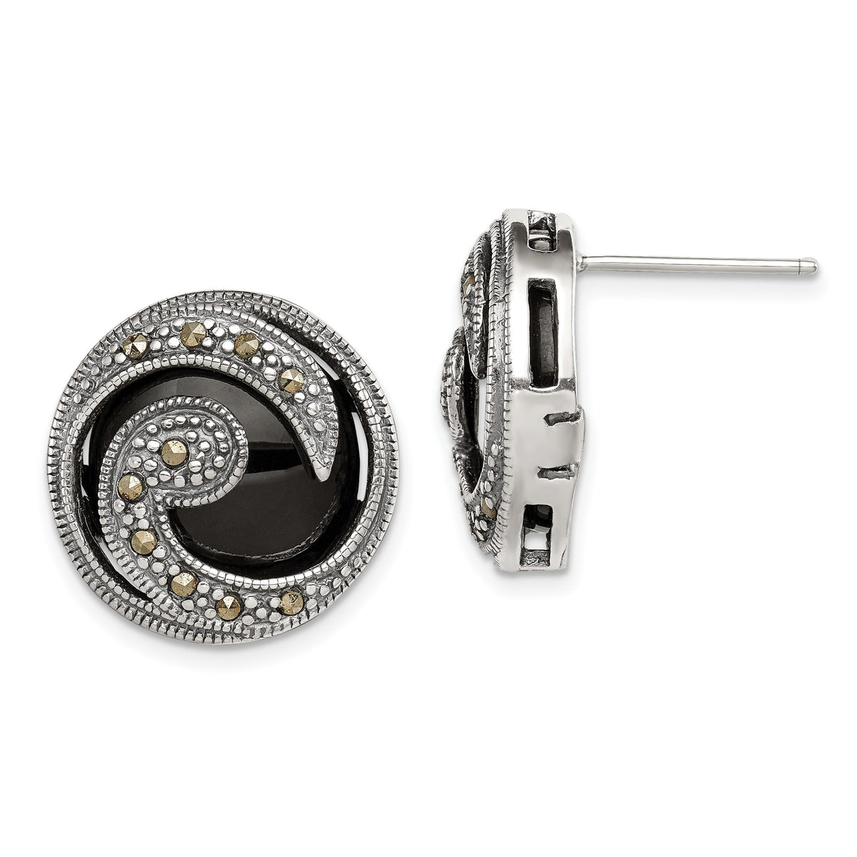 Round Onyx & Marcasite Wave Stud Earrings in Sterling Silver, 14mm - Sophia Jewelers Main image