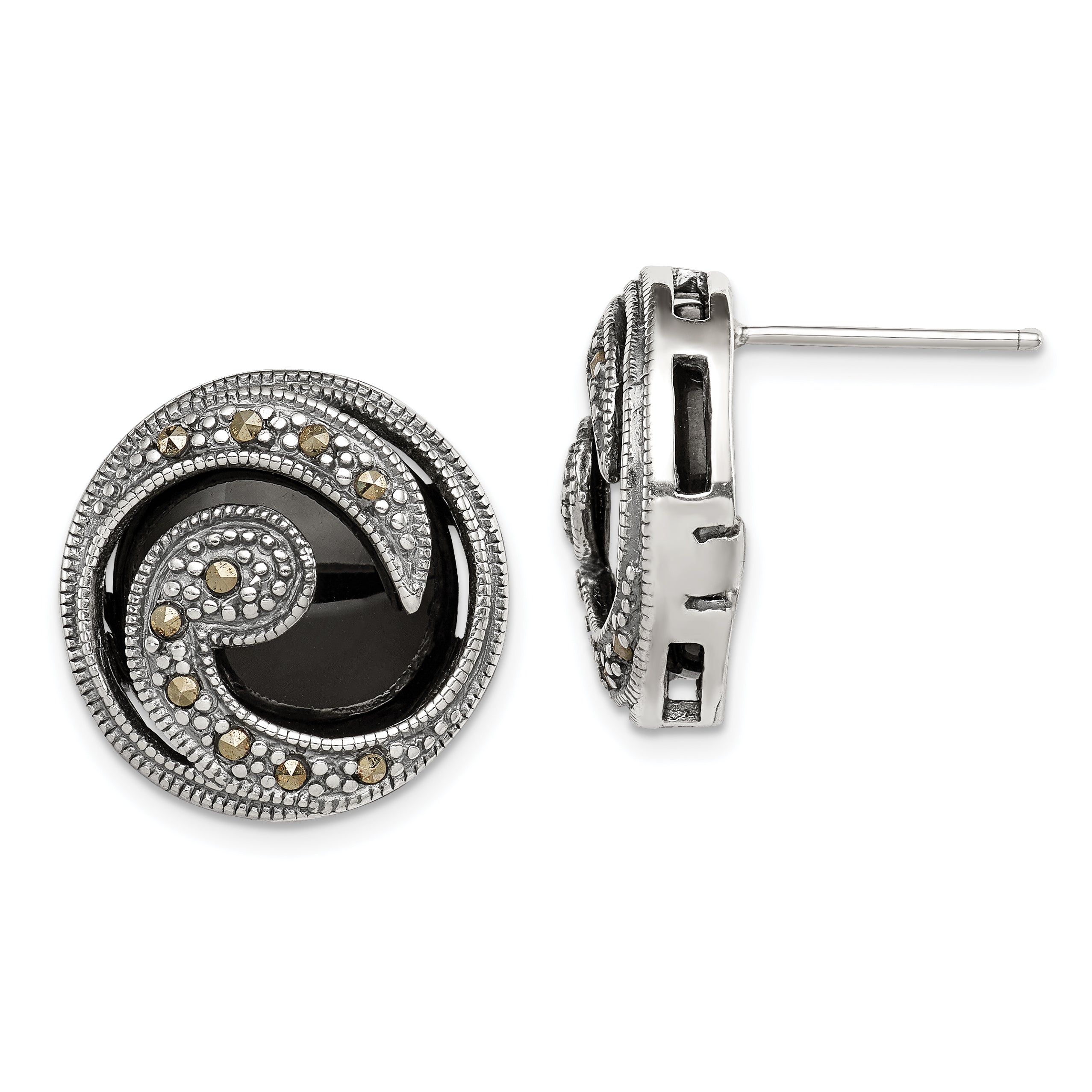 Sterling Silver Antiqued Onyx & Marcasite Round Wave Post Earrings Main image