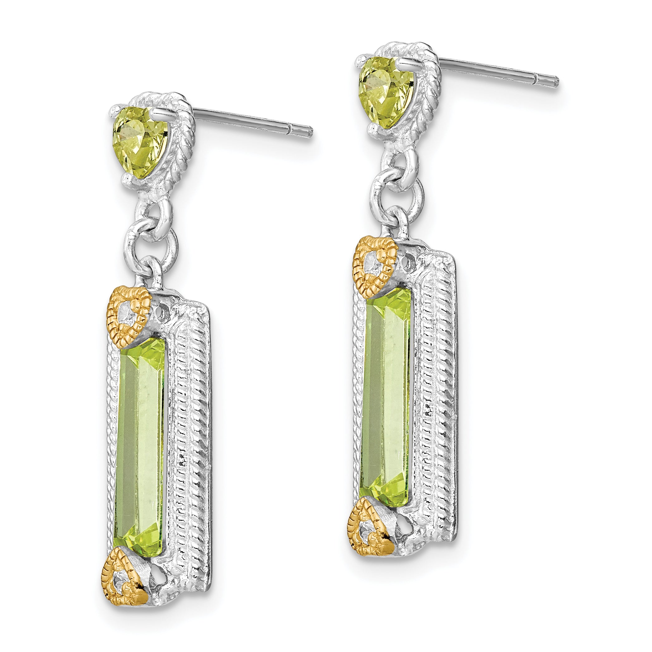 Sterling Silver w/ Gold-tone Vermeil Polished & Textured Light Green CZ Hearts Post Dangle Earrings Secondary image