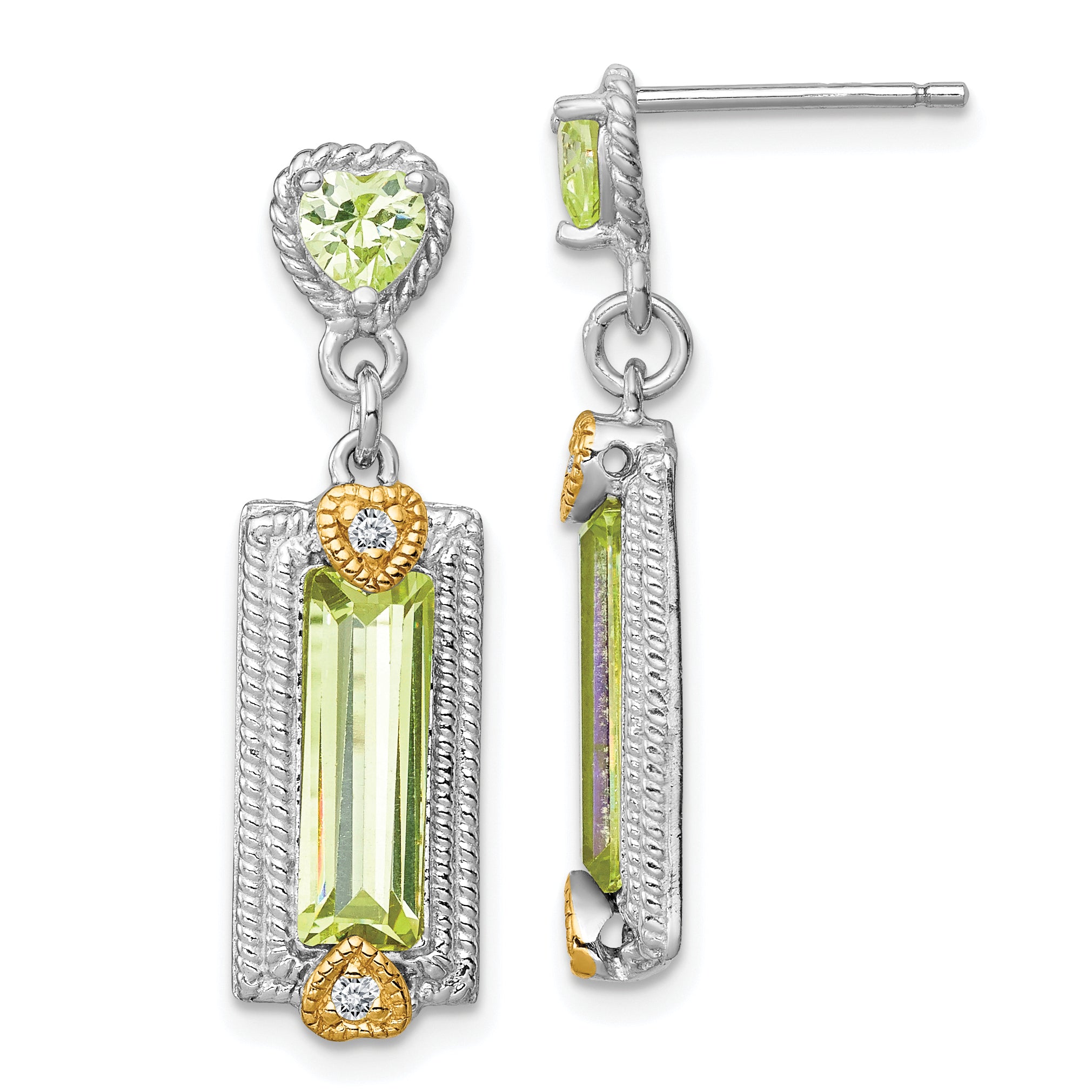 Sterling Silver w/ Gold-tone Vermeil Polished & Textured Light Green CZ Hearts Post Dangle Earrings Main image