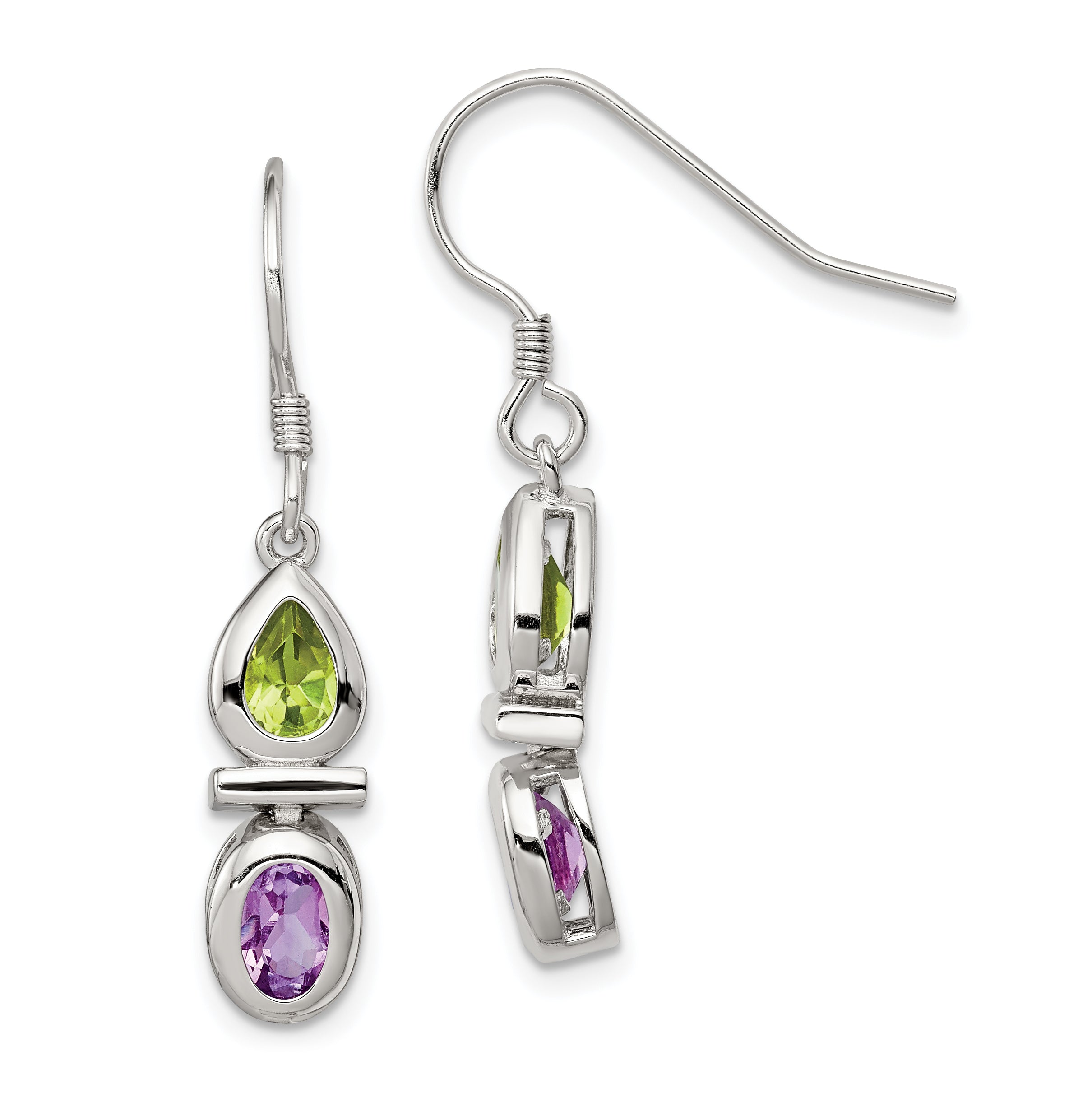 Sterling Silver Rhodium Plated Peridot and Amethyst Dangle Earrings Main image