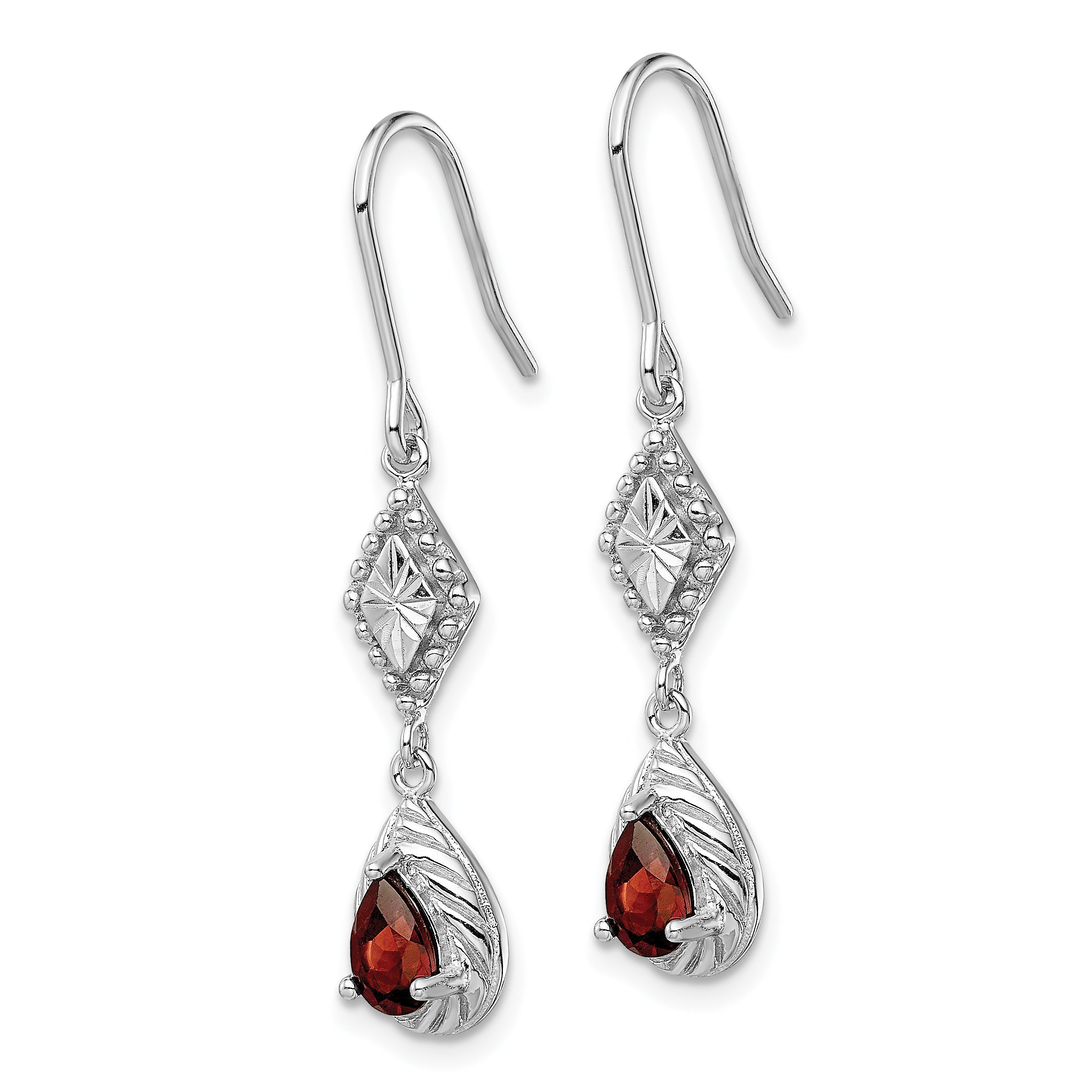 Sterling Silver Rhodium-plated Polished Diamond-cut & Textured Red CZ Teardrop Dangle Earrings Secondary image