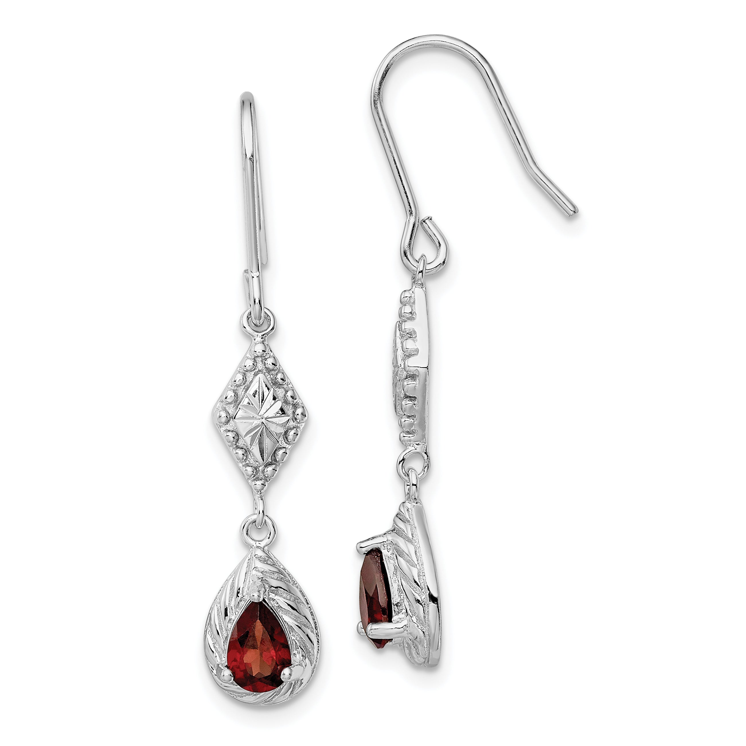 Sterling Silver Rhodium-plated Polished Diamond-cut & Textured Red CZ Teardrop Dangle Earrings Main image