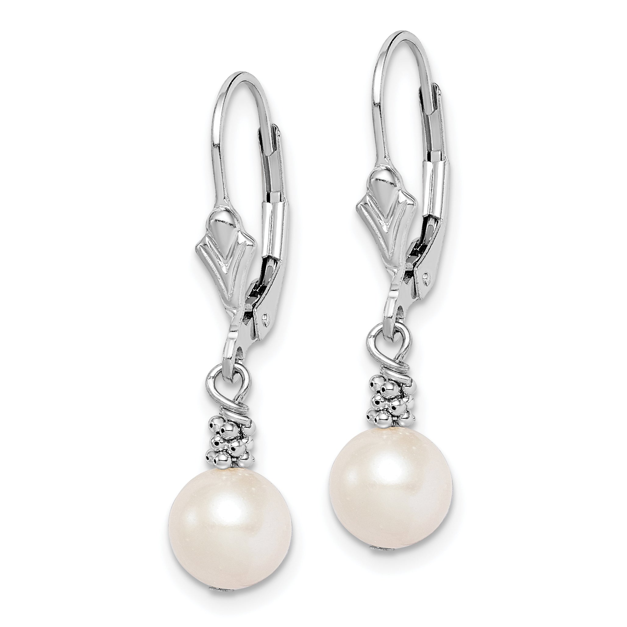 Sterling Silver Rhodium-plated Beaded 6-7mm White Near-Round Freshwater Cultured Pearl Leverback Dangle Earrings Secondary image
