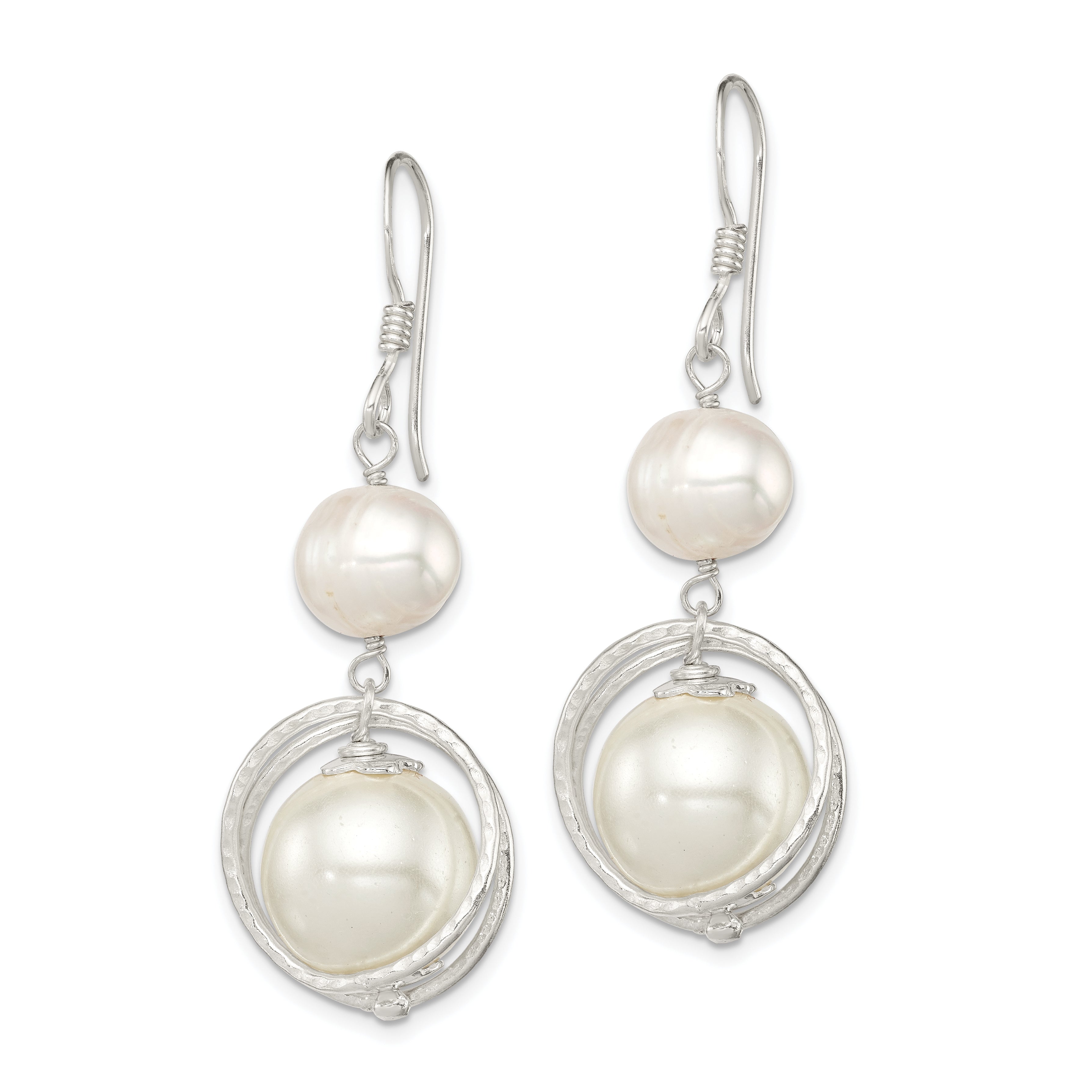 Sterling Silver Polished & Textured White 8-9mm Freshwater Cultured Pearl & 11-12mm Shell Pearl Dangle Earrings Secondary image