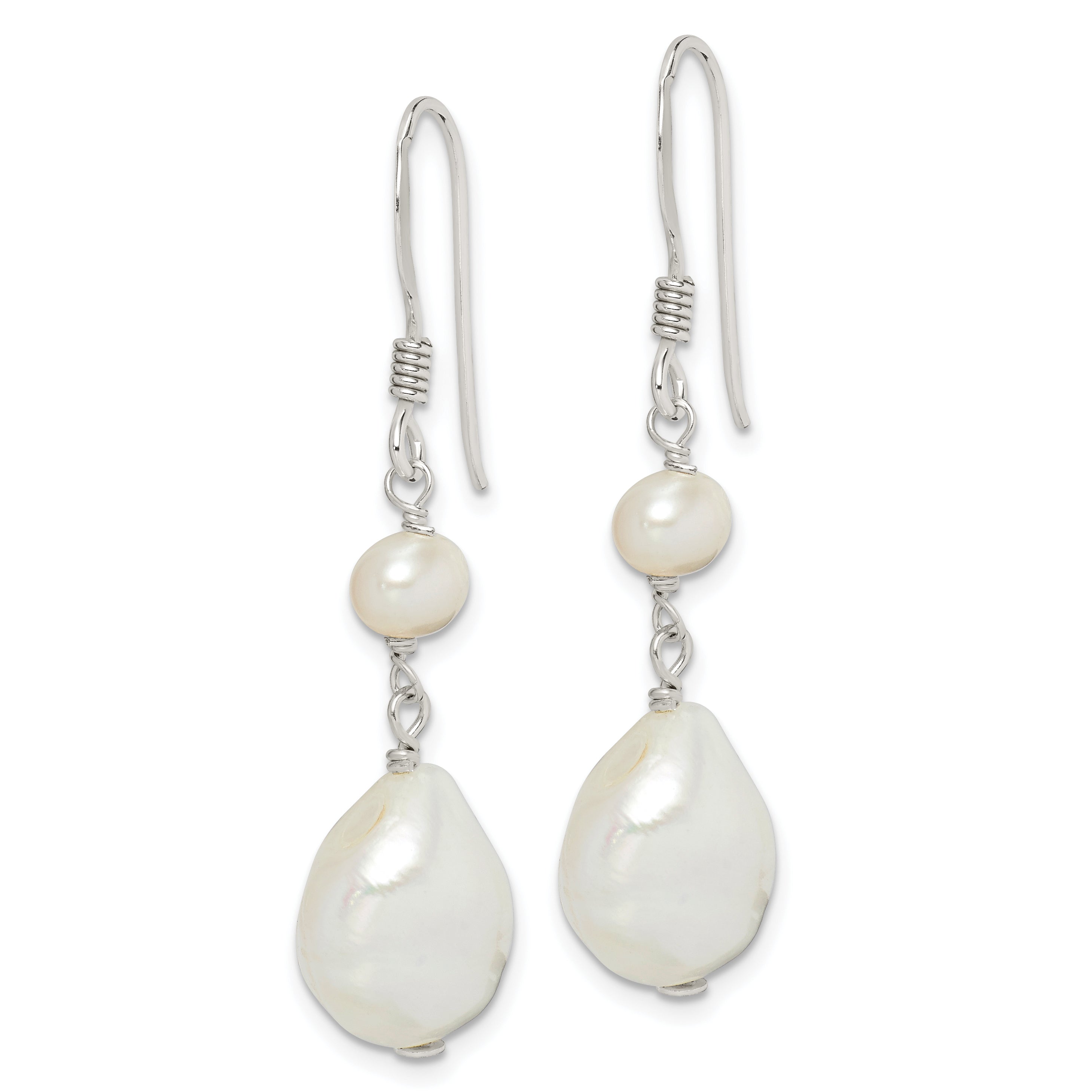 Sterling Silver Polished White 5.5-11mm Baroque & Semi-Round Freshwater Cultured Pearl Dangle Earrings Secondary image