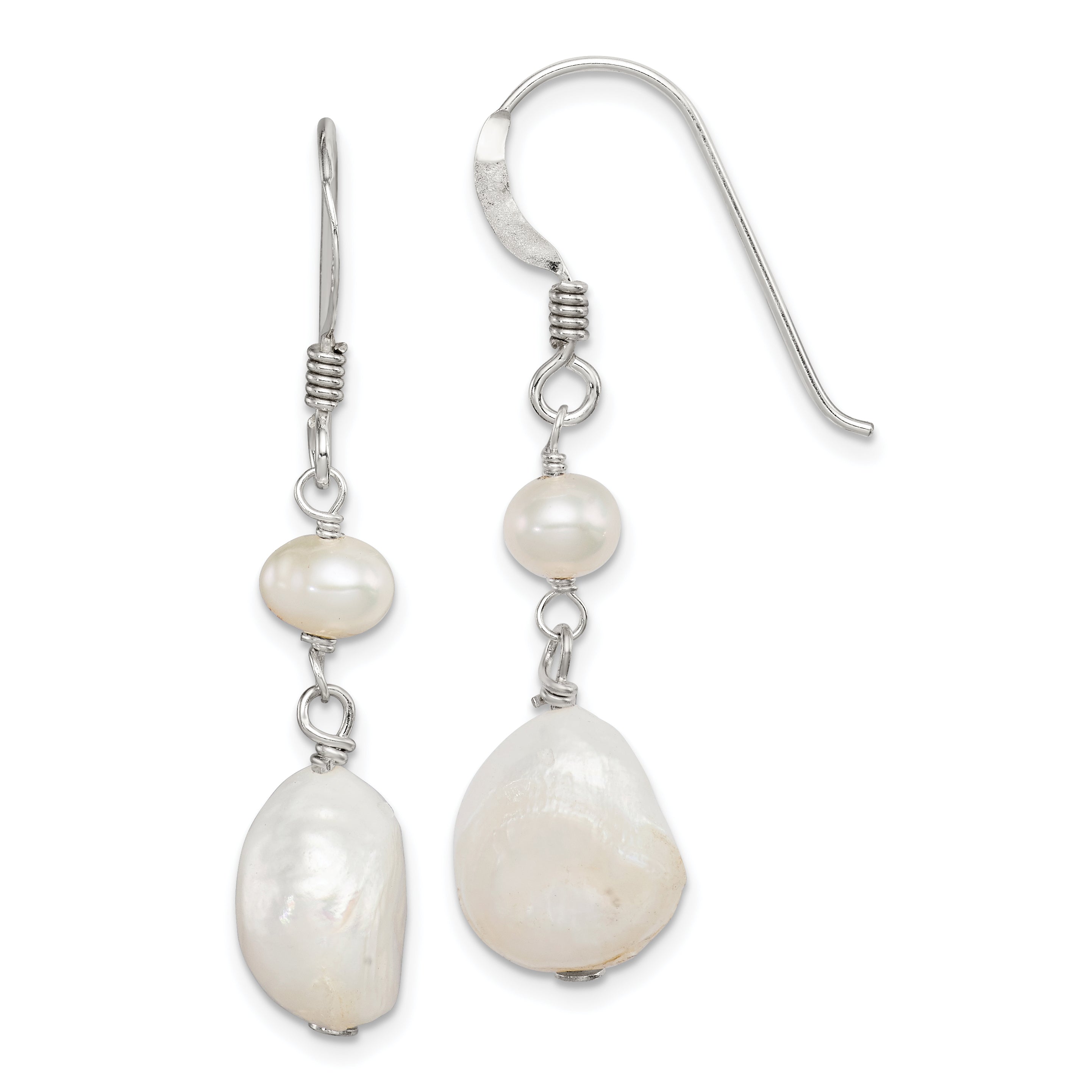 Sterling Silver Polished White 5.5-11mm Baroque & Semi-Round Freshwater Cultured Pearl Dangle Earrings Main image