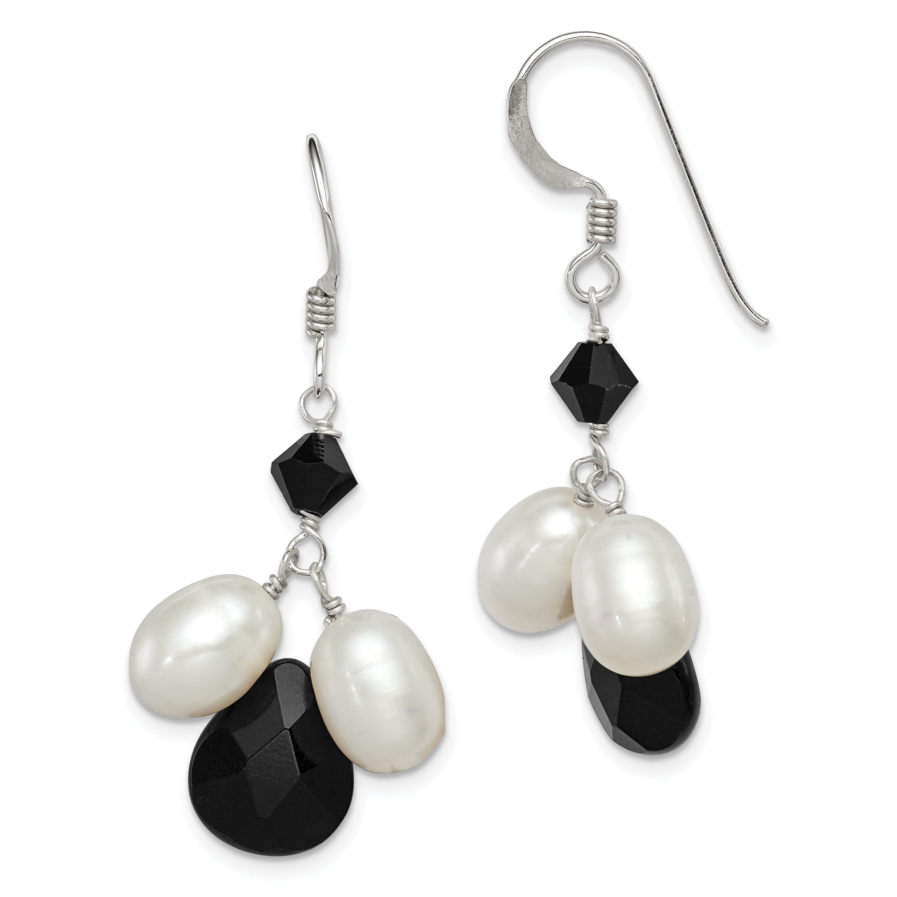 Sterling Silver Polished FWC Pearl / Black Crystal / Onyx Dangle Earrings Main image