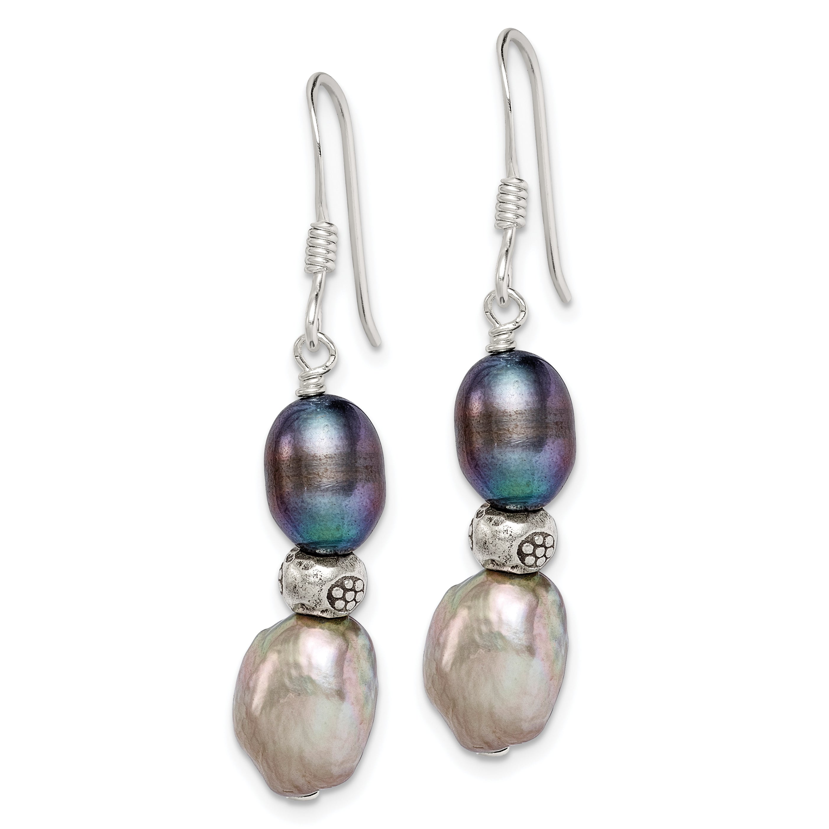 Sterling Silver Polished Antiqued & Beaded Grey & Black 7-8mm Freshwater Cultured Pearl Dangle Earrings Secondary image
