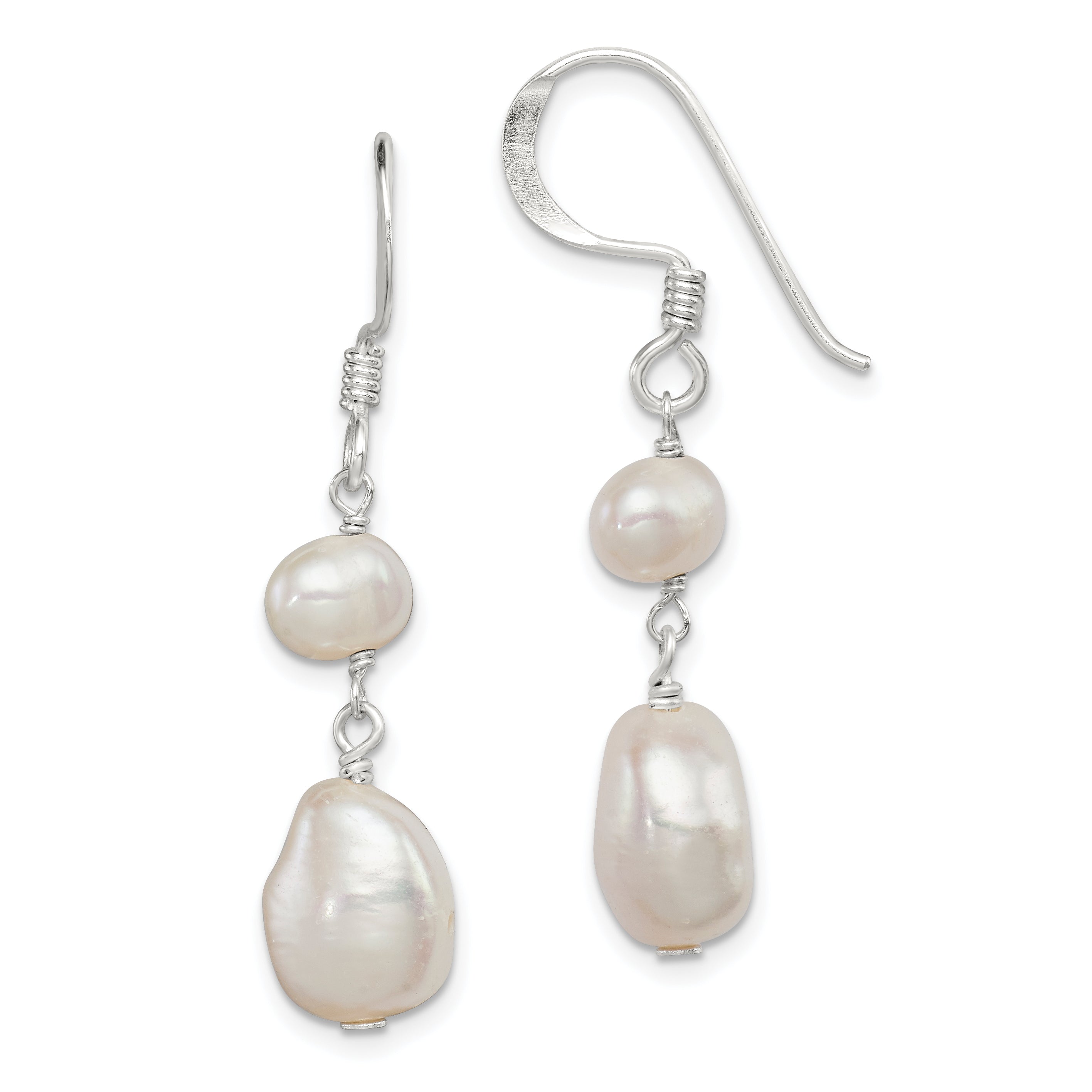 Sterling Silver Polished White 6-9mm Baroque & Semi-Round Freshwater Cultured Pearl Dangle Earrings Main image