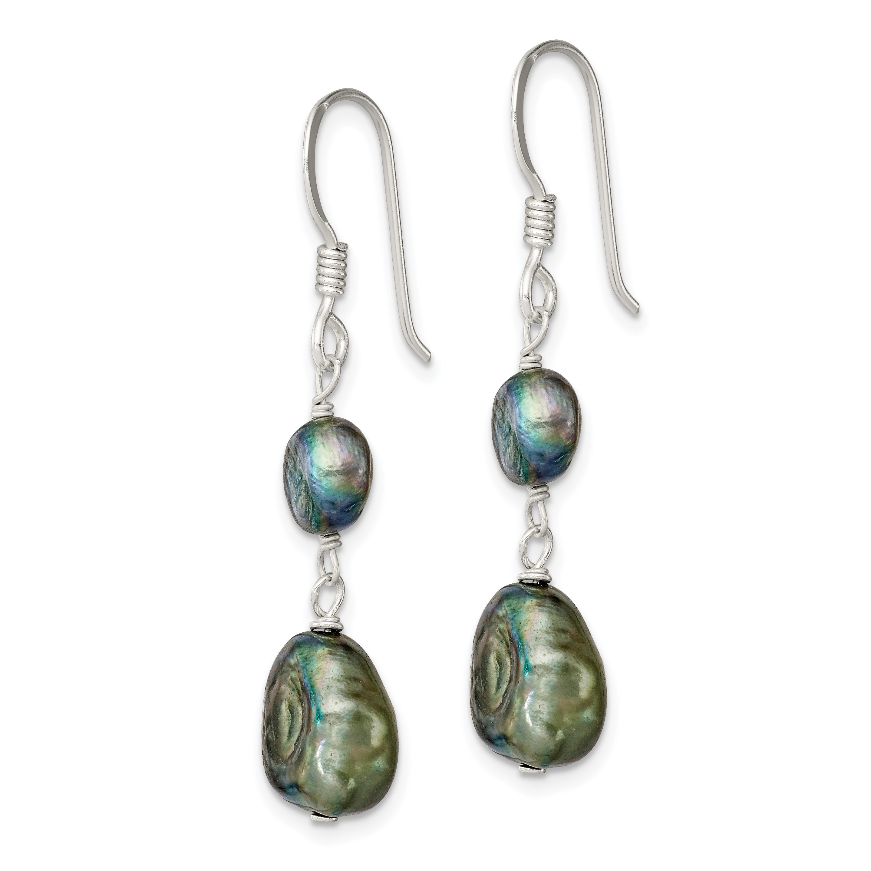 Sterling Silver Polished 5-9mm Black Baroque Freshwater Cultured Pearl Dangle Earrings Secondary image