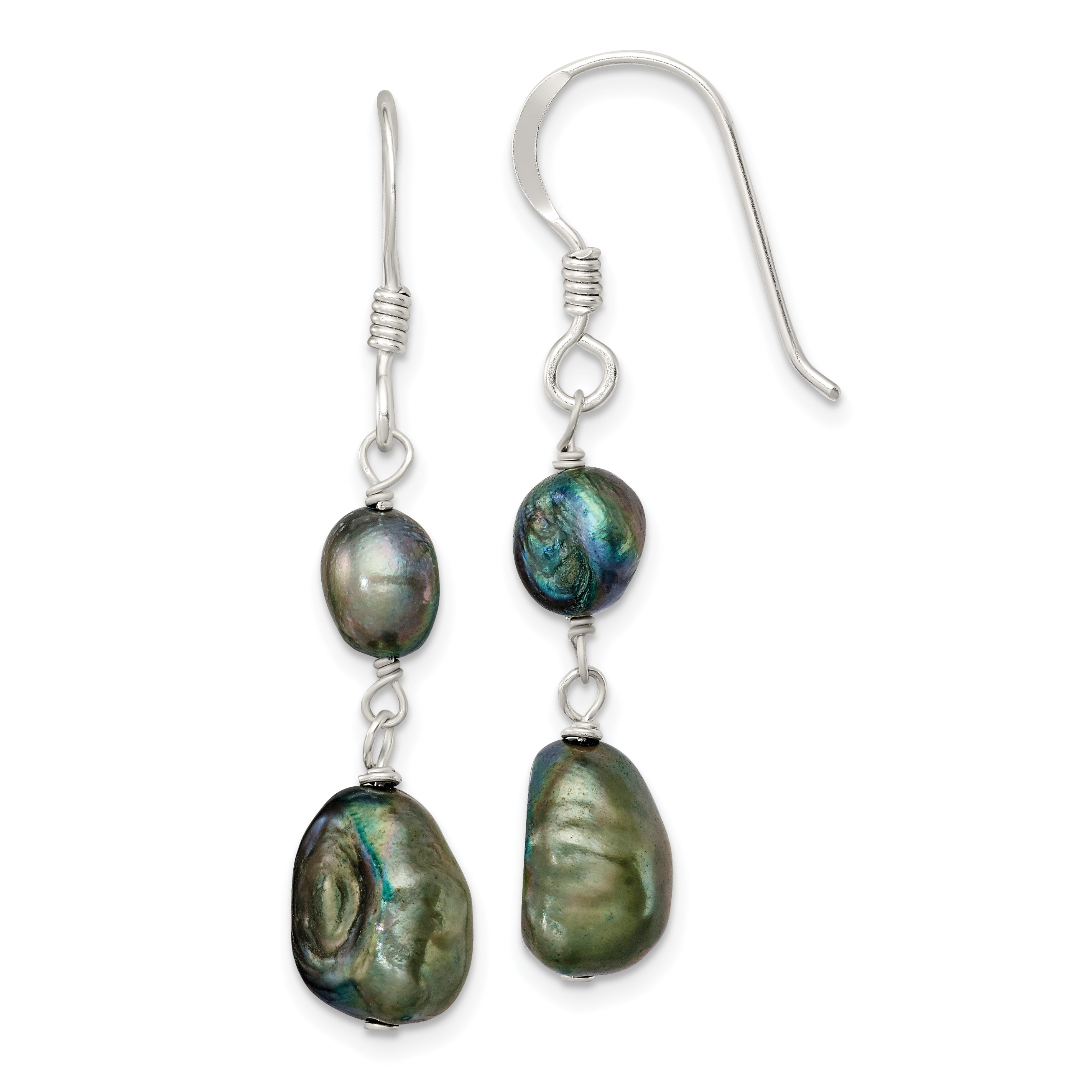 Sterling Silver Polished 5-9mm Black Baroque Freshwater Cultured Pearl Dangle Earrings Main image