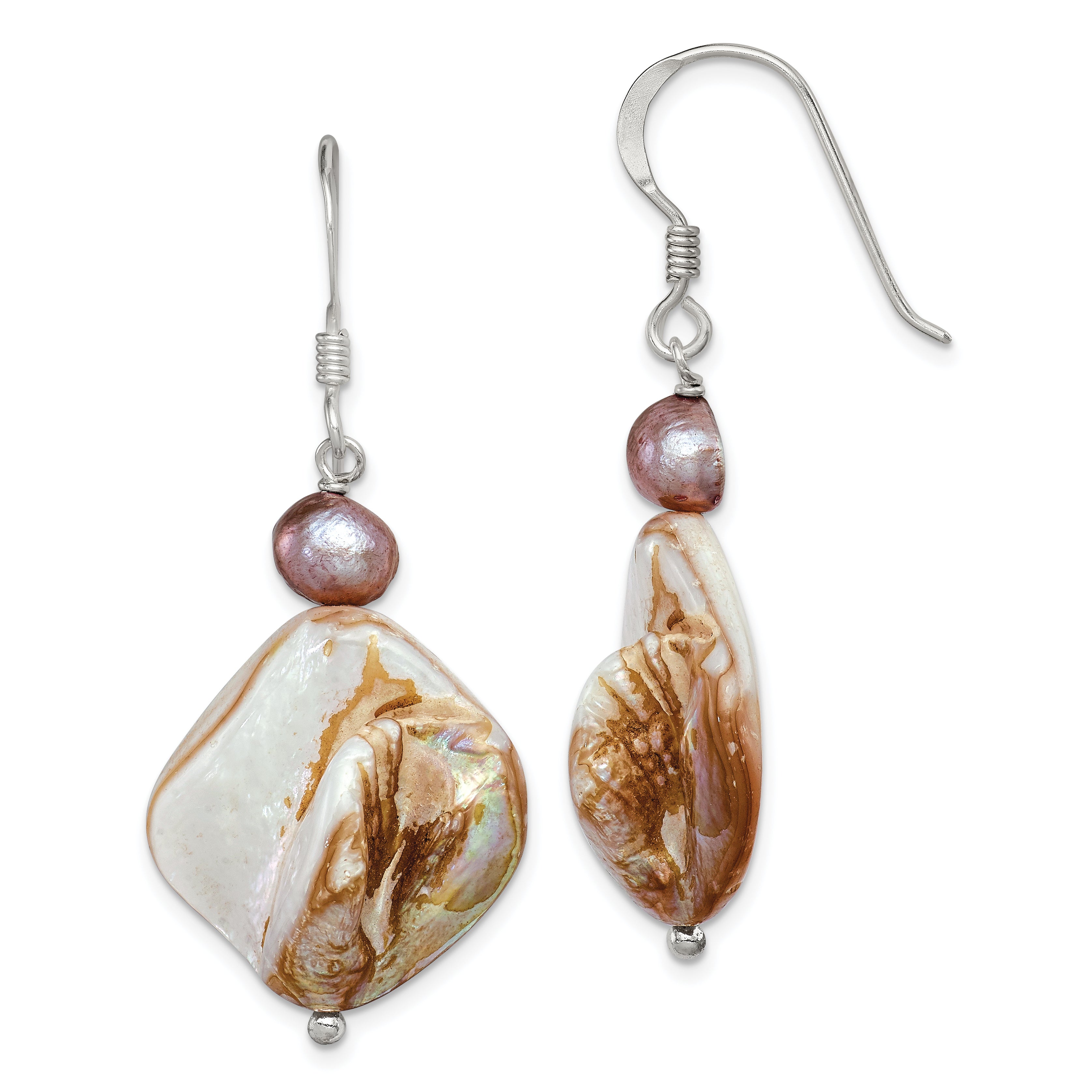 Sterling Silver Polished Brown Mother of Pearl and Freshwater Cultured Pearl Dangle Earrings Main image