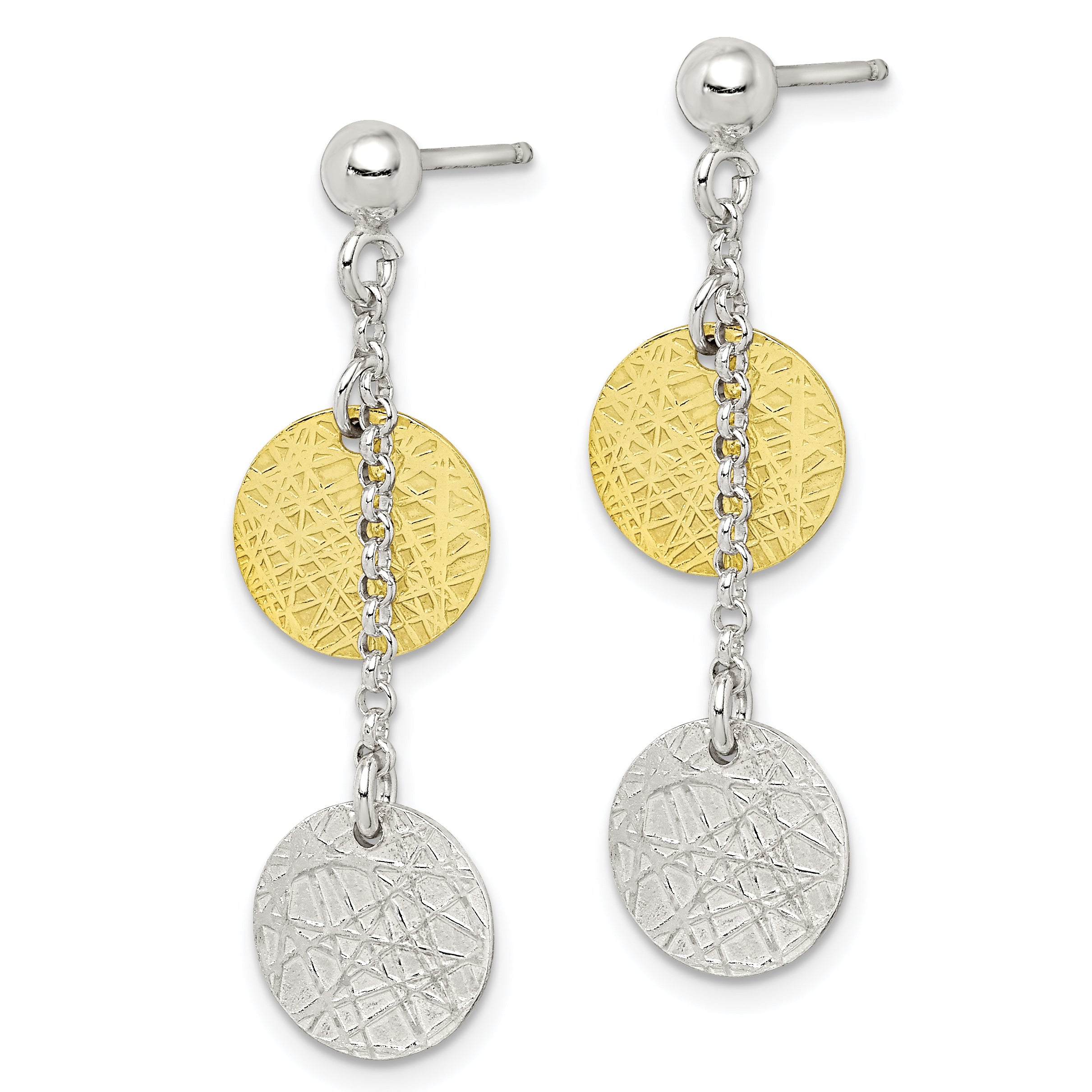 Sterling Silver w/ Yellow Vermeil Polished & Textured Circle Dangle Earring Secondary image