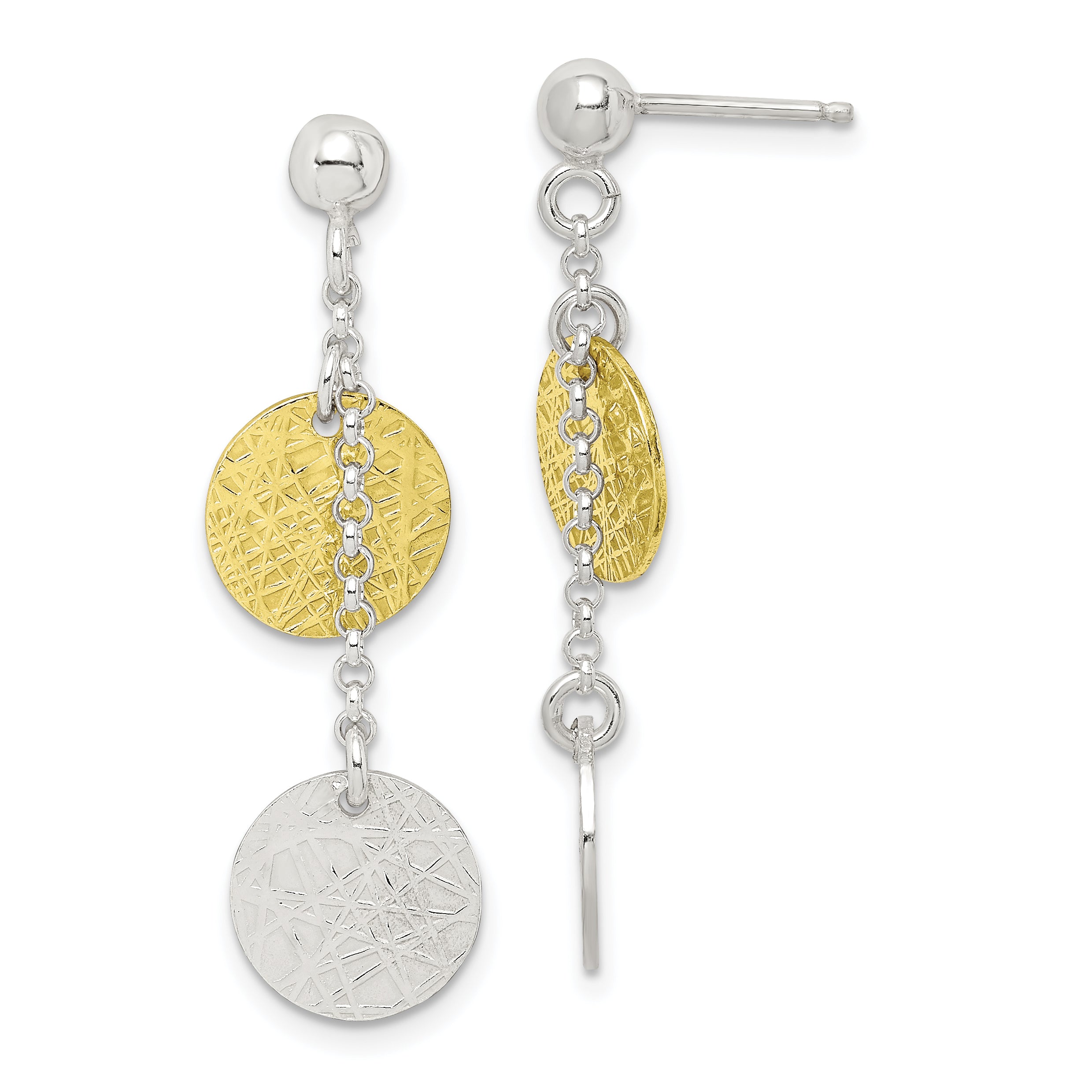 Sterling Silver w/ Yellow Vermeil Polished & Textured Circle Dangle Earring Main image