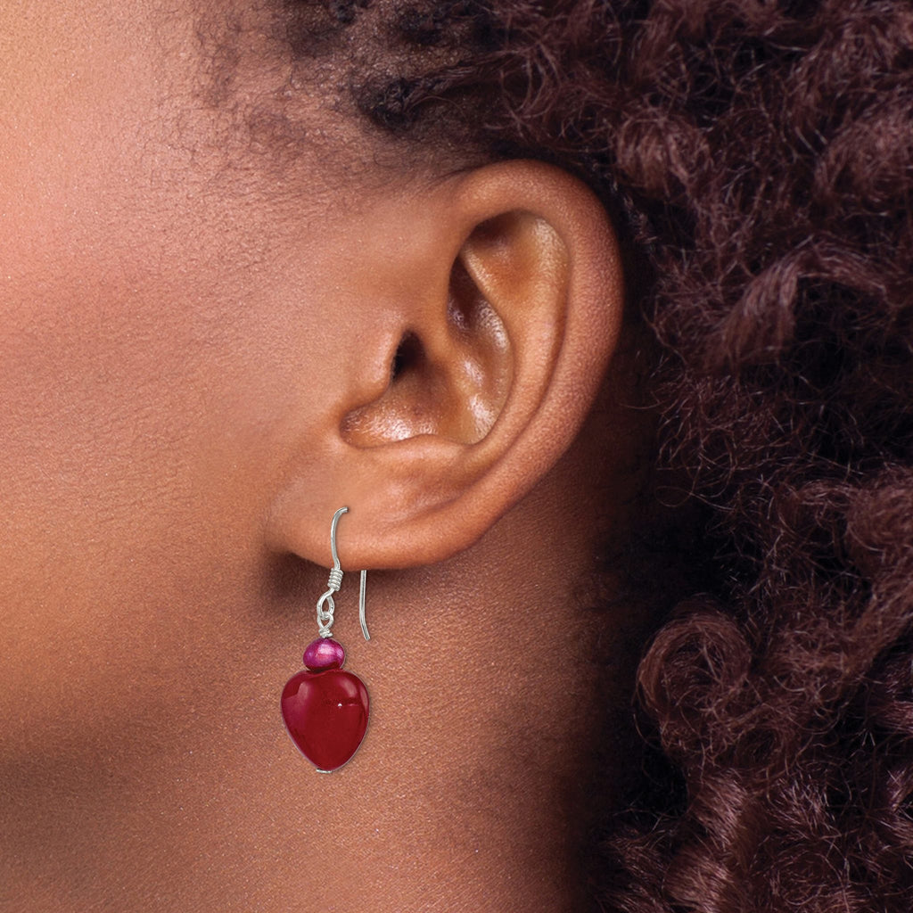 Sterling Silver Polished Red Freshwater Cultured Pearl & Red Jade Heart Dangle French Hook Earrings - Sophia Jewelers