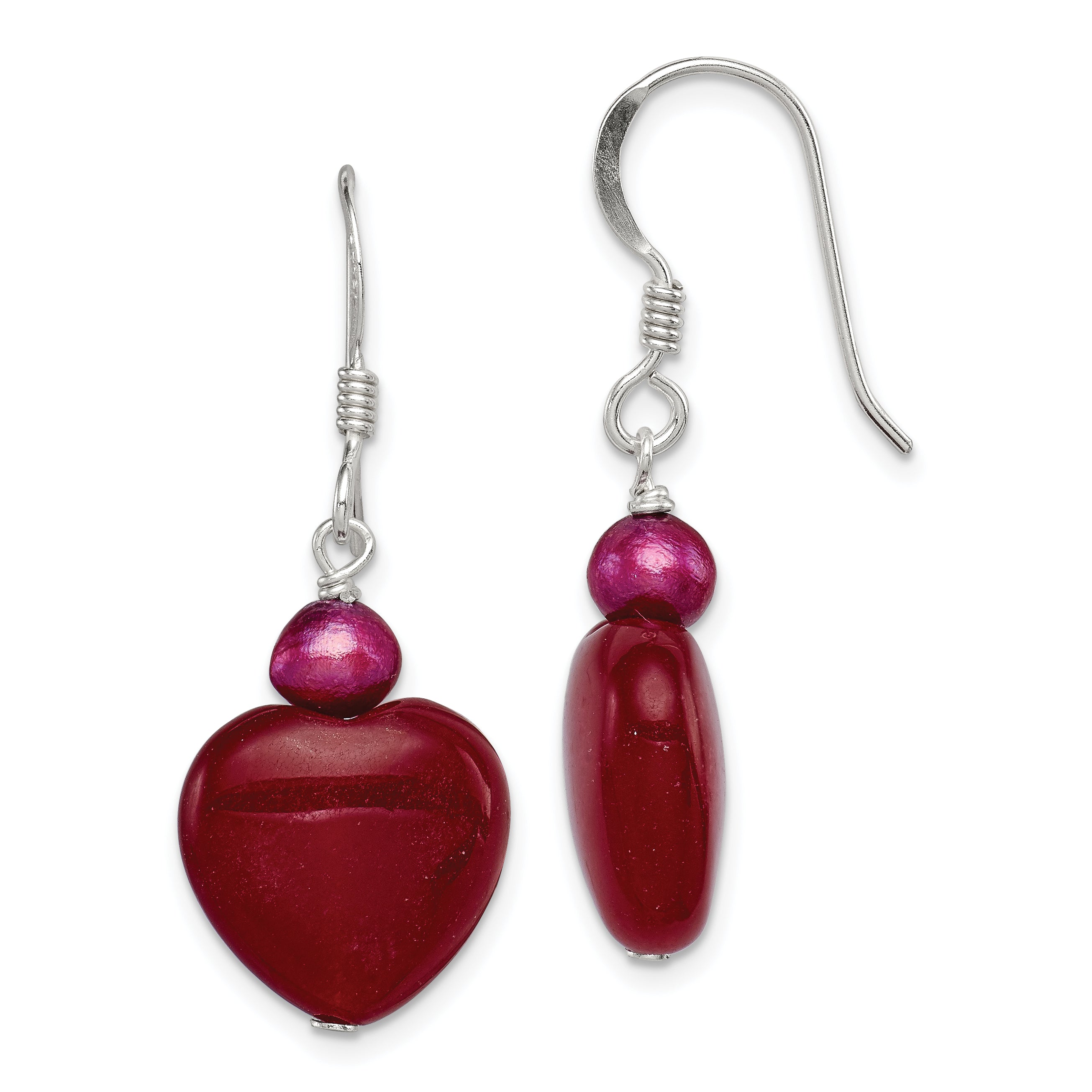 Sterling Silver Polished Red FWC Pearl & Red Jade Heart Dangle Earrings Main image