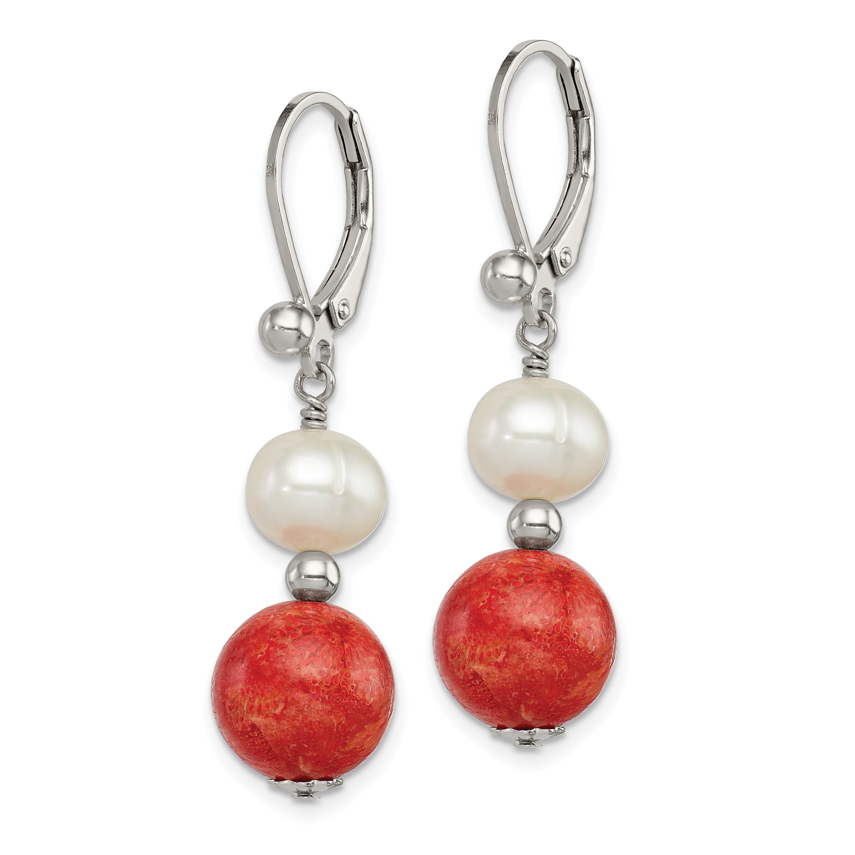 Sterling Silver Rhod-pltd FWC Pearl/Recons. Red Coral Dangle Earrings Secondary image