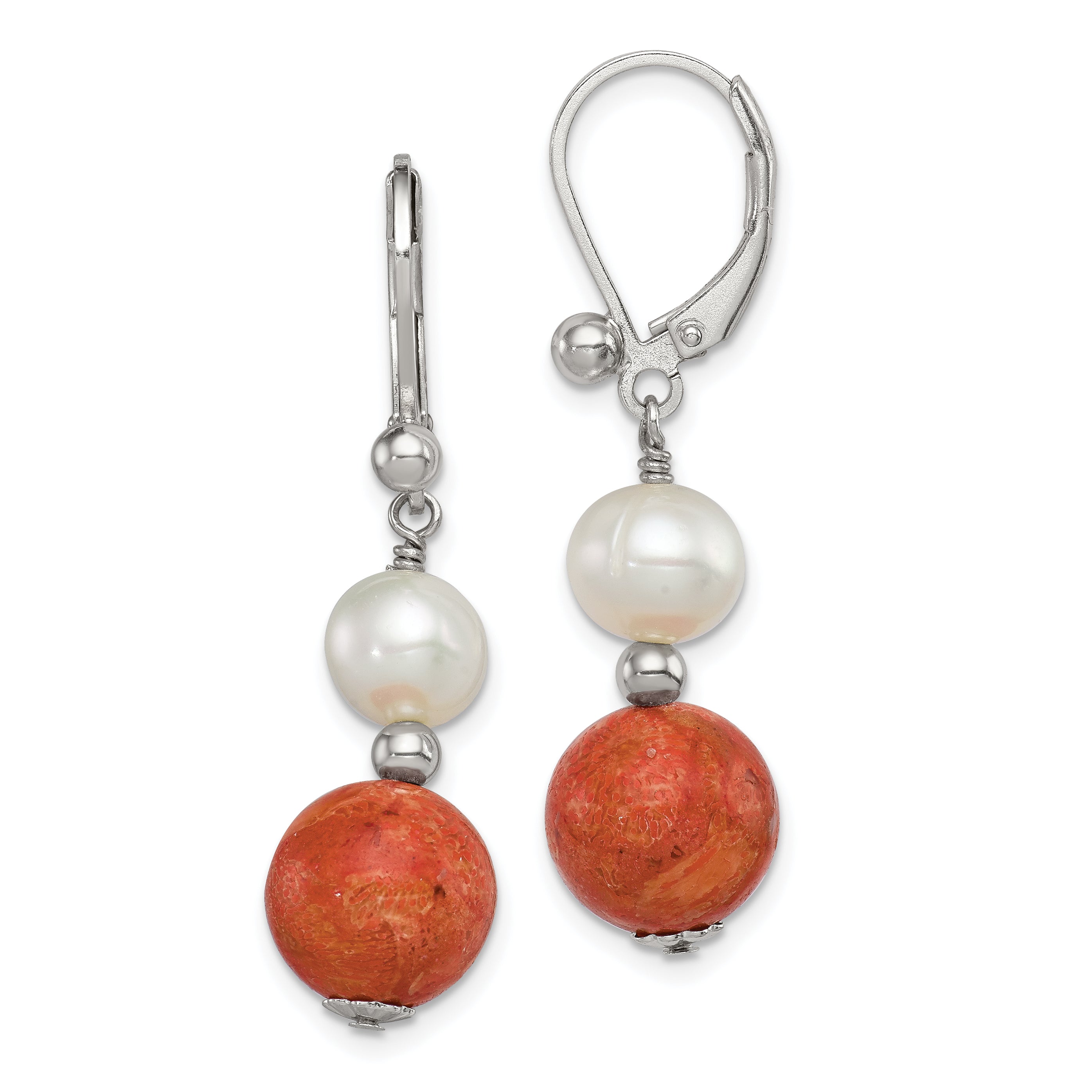 Sterling Silver Rhod-pltd FWC Pearl/Recons. Red Coral Dangle Earrings Main image