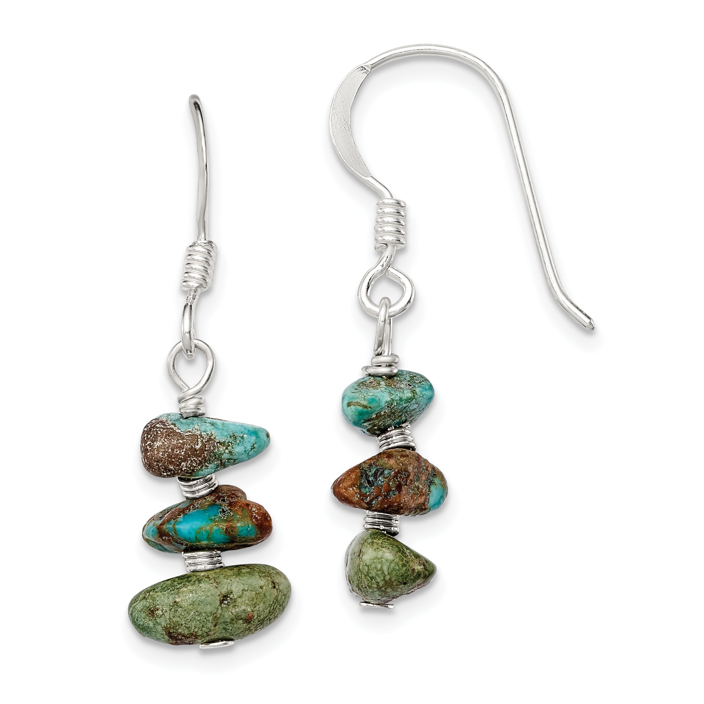 Sterling Silver Polished Three Turquoise Chip Dangle Earrings Main image