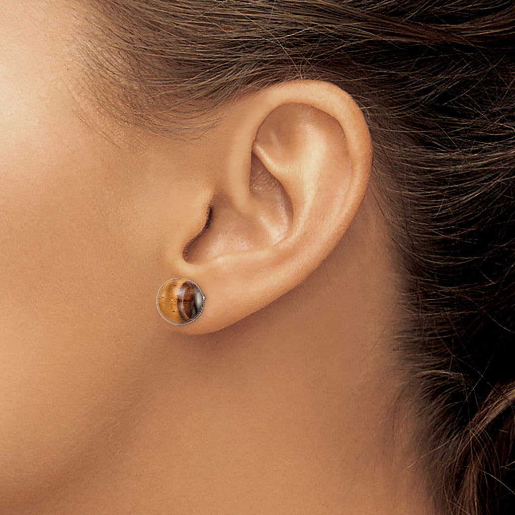 Rhod-Pltd Tiger's Eye Button Stud Earrings in Sterling Silver, 10mm - Sophia Jewelers