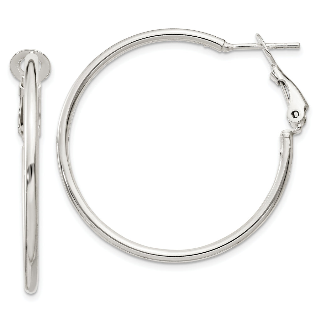 Sterling Silver Polished 2x35mm Omega Back Round Hoop Earrings