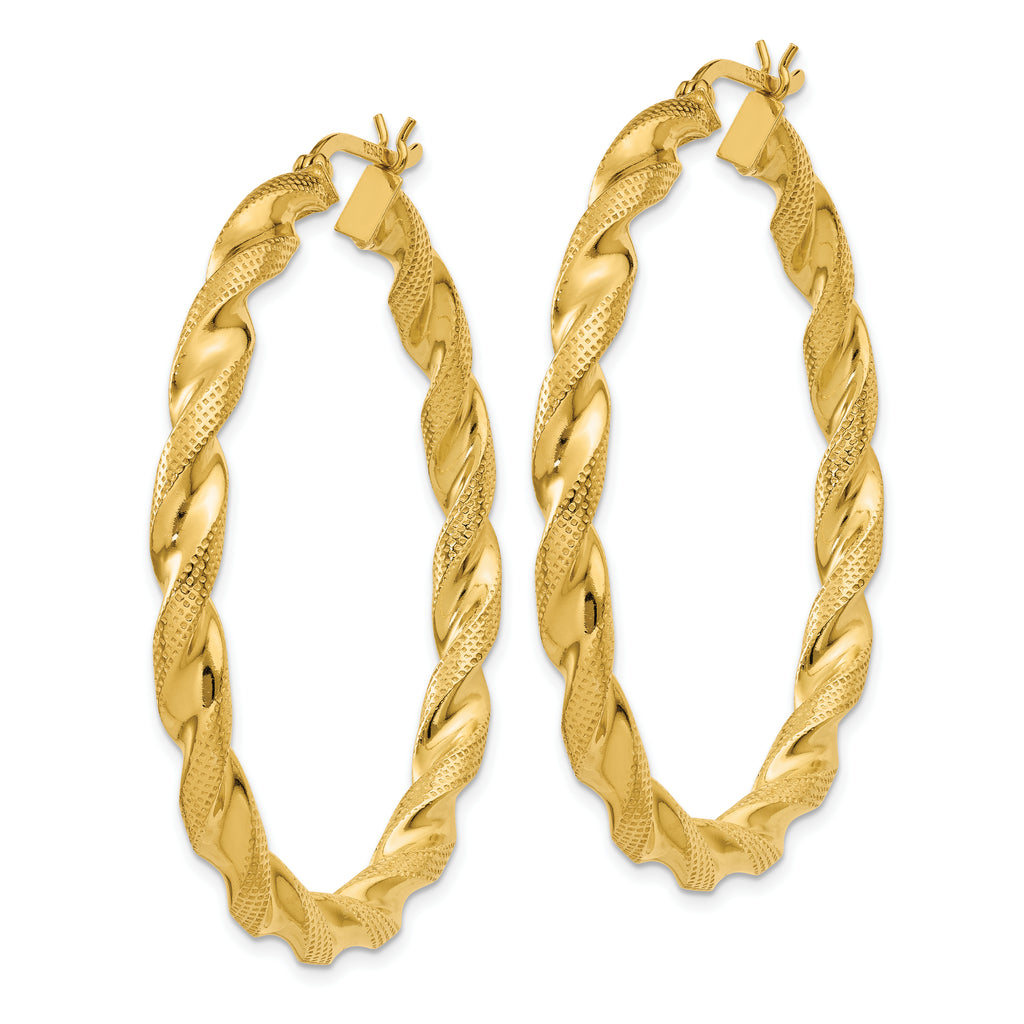 Sterling Silver Gold Flash Plated Patterned Twisted 4x45mm Hoop Earrings