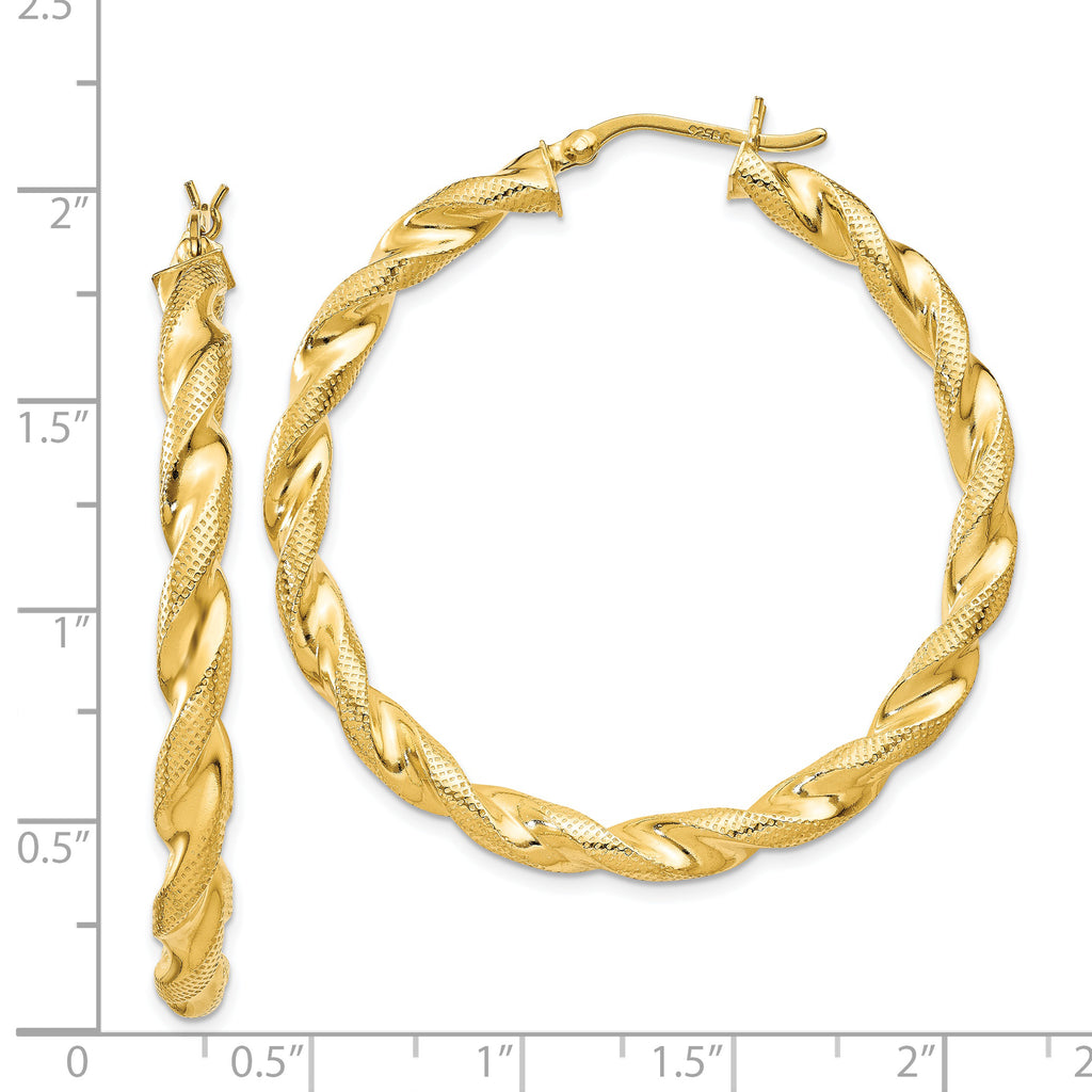 Sterling Silver Gold Flash Plated Patterned Twisted 4x45mm Hoop Earrings