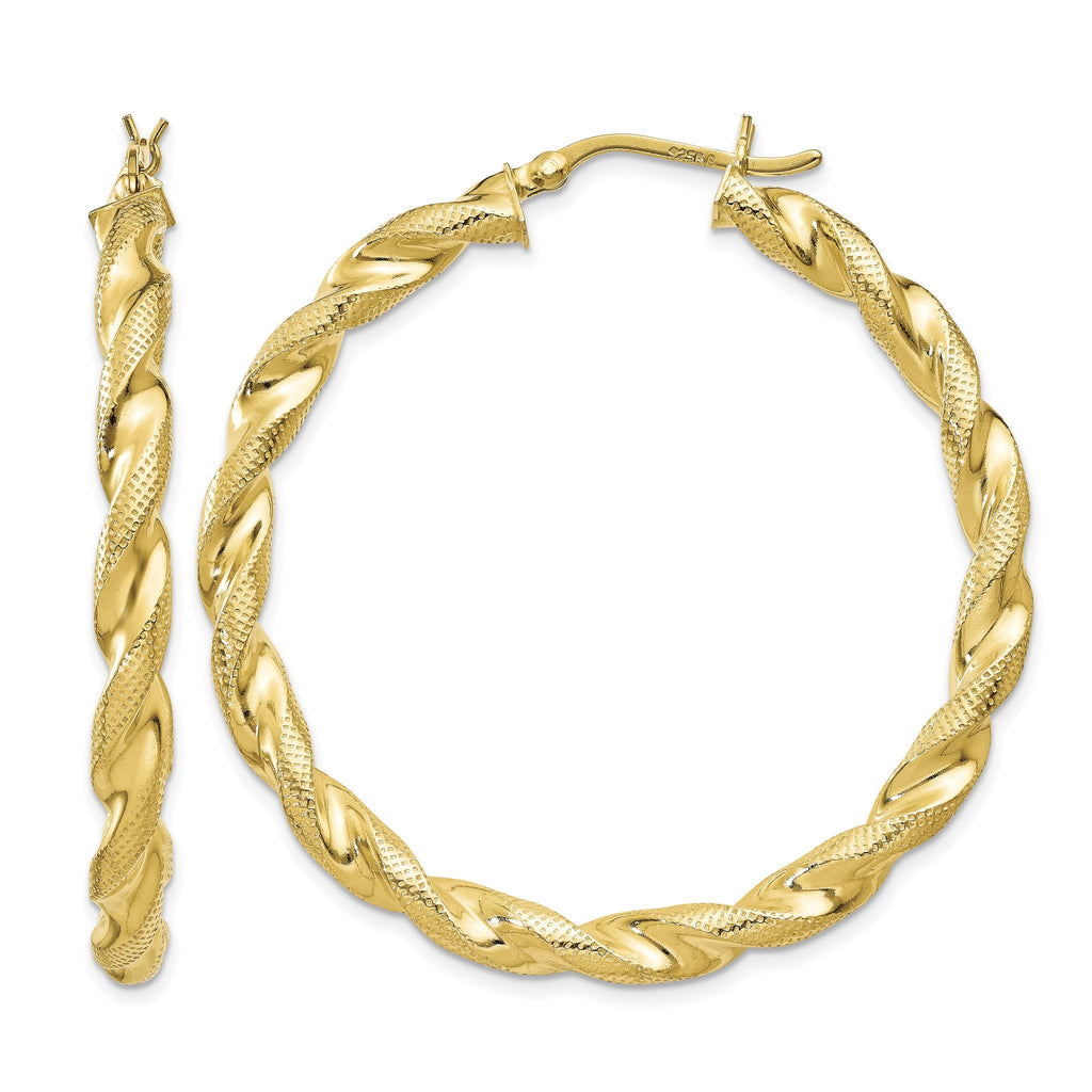 Sterling Silver Gold Flash Plated Patterned Twisted 4x45mm Hoop Earrings - Sophia Jewelers