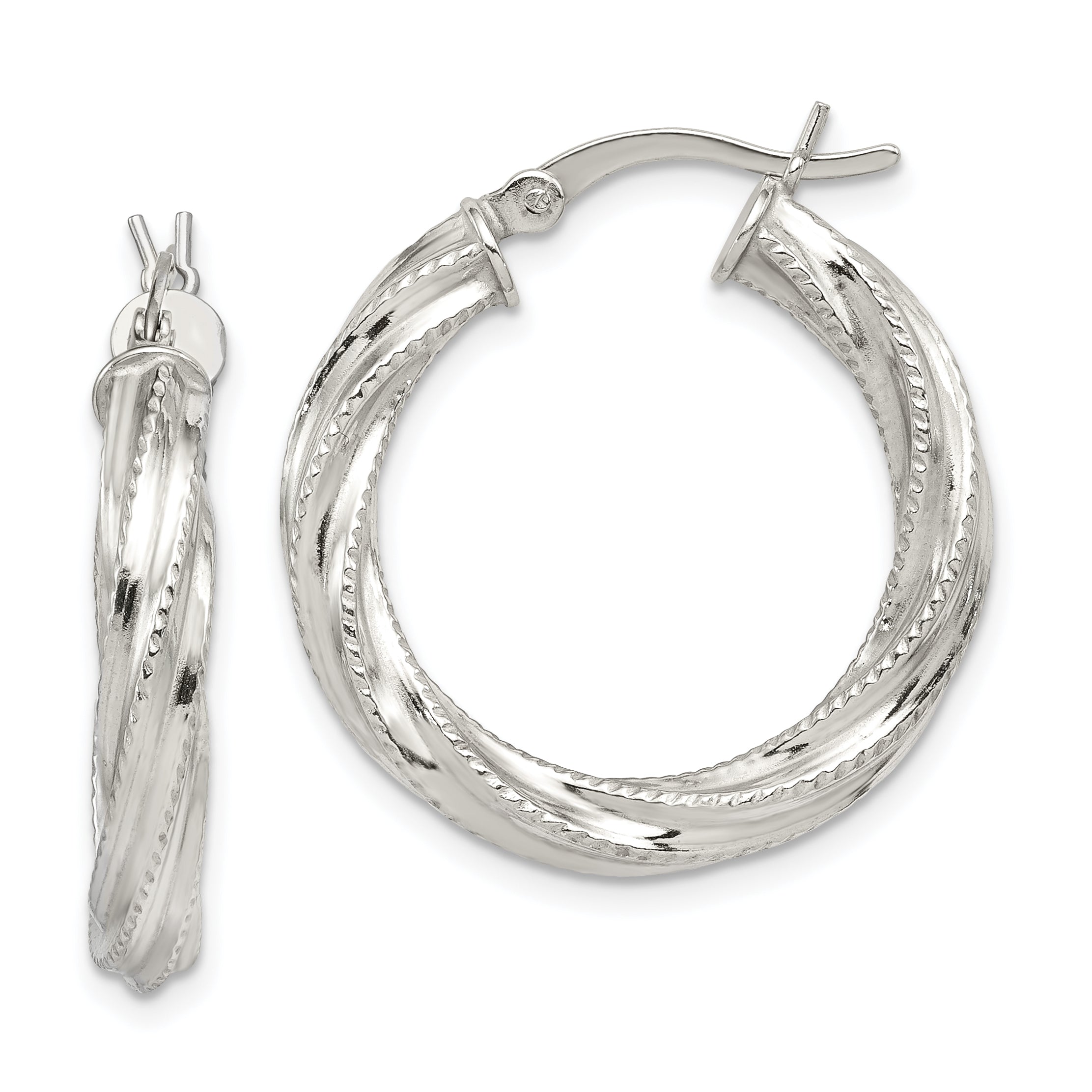 Sterling Silver Rhod-plated Patterned Twisted 4x25mm Hoop Earrings Main image