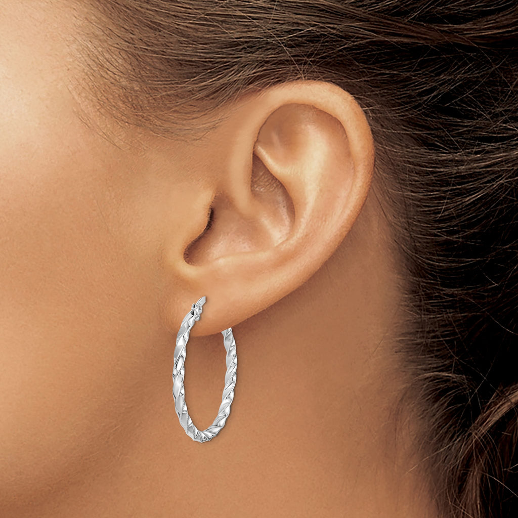 Sterling Silver Rhodium-Plated Twisted 3x30mm Hoop Earrings - Sophia Jewelers
