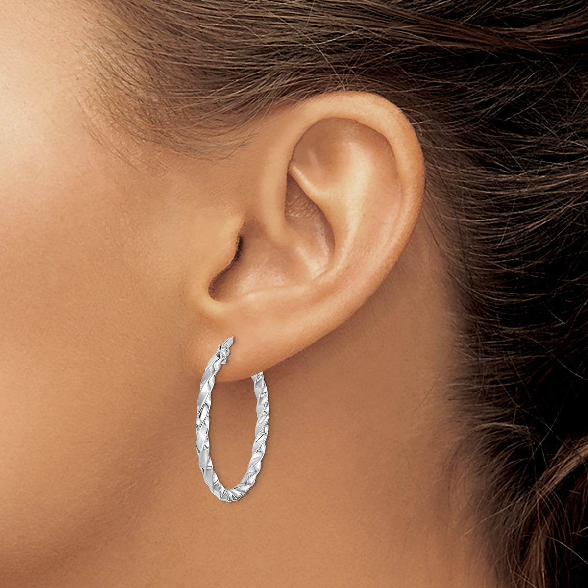 Sterling Silver Rhodium-Plated Twisted 3x30mm Hoop Earrings - Sophia Jewelers