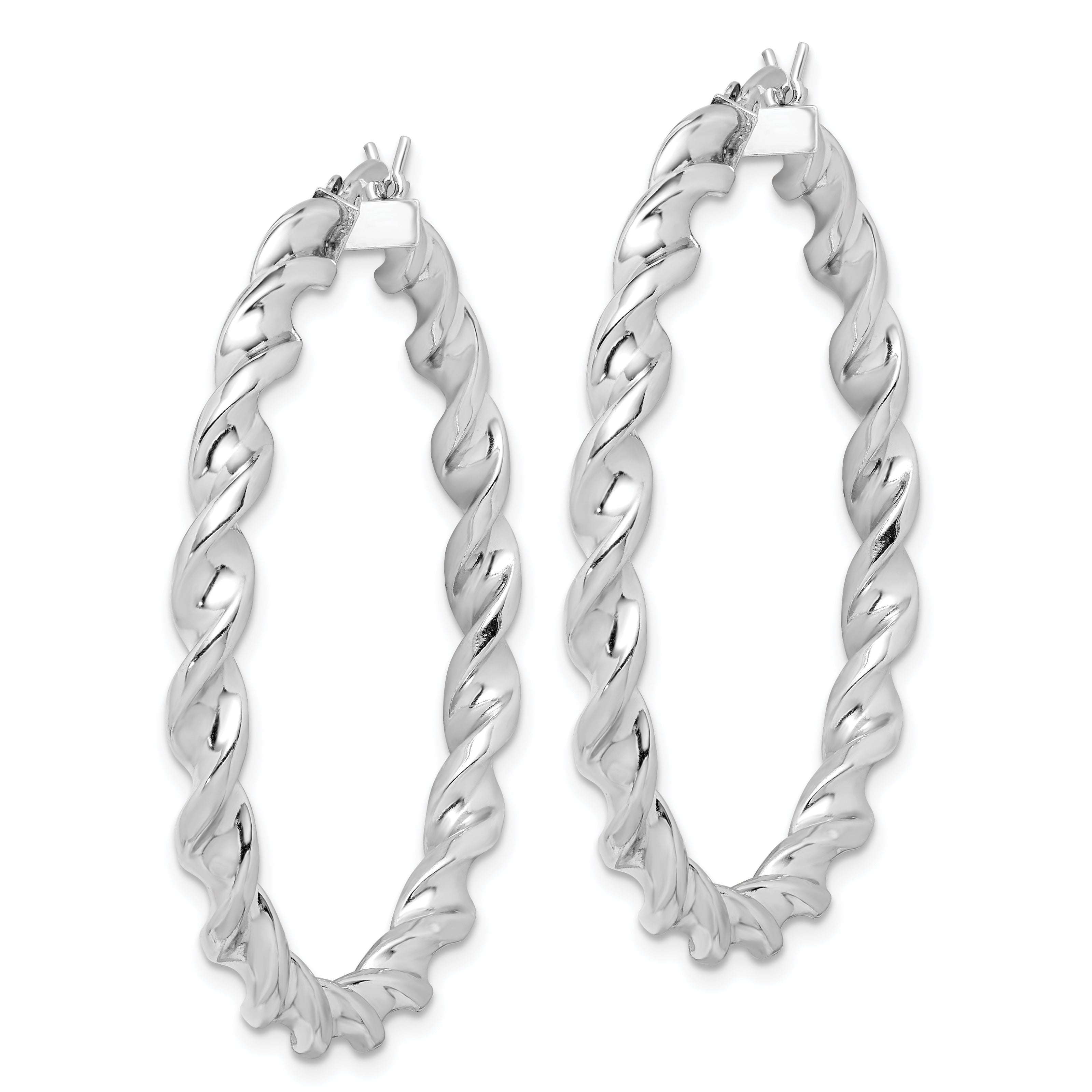 Sterling Silver Rhodium Plated Twisted 3.5x45mm Hoop Earrings