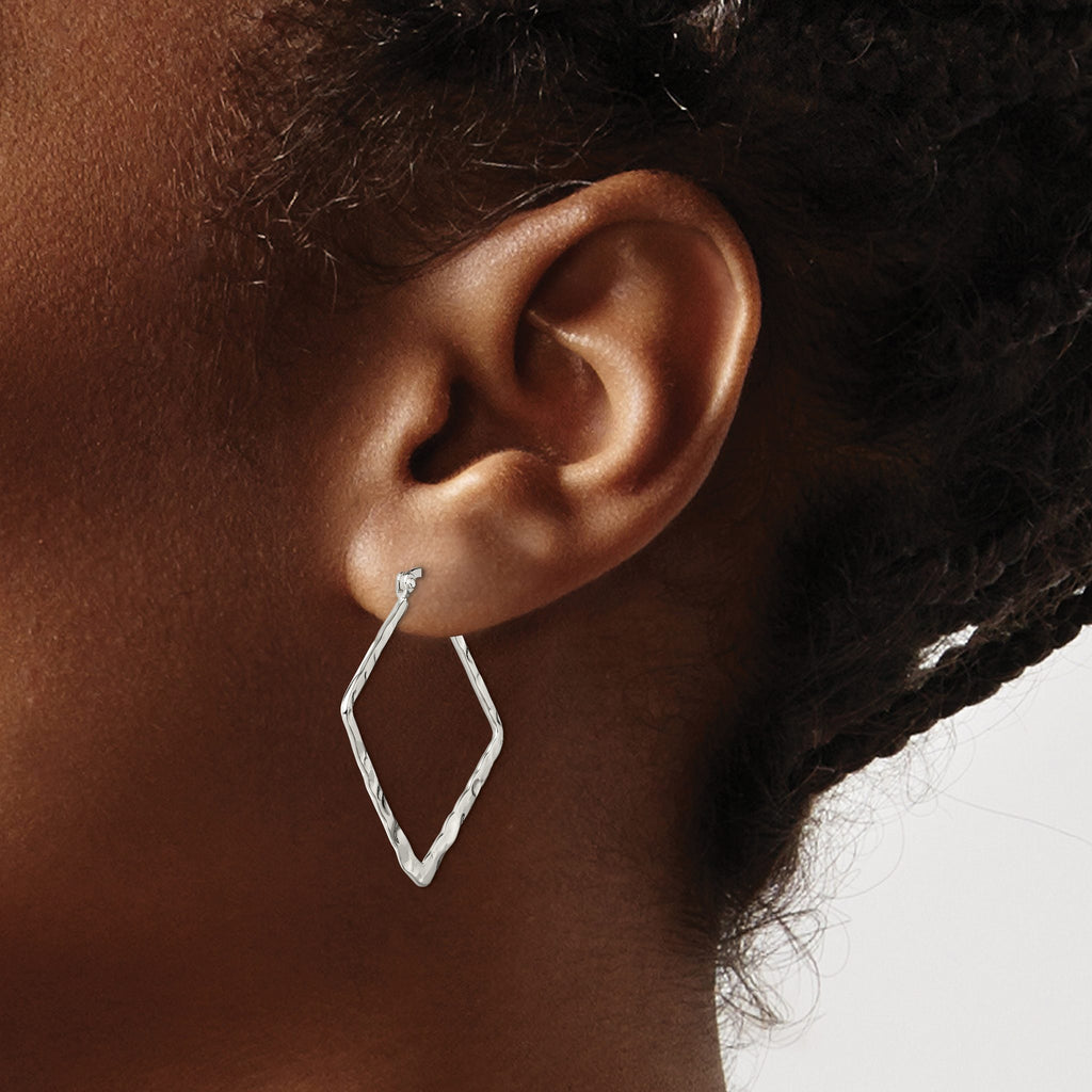 Sterling Silver Rhodium-Plated Polished & Hammered Square Hoop Earrings - Sophia Jewelers