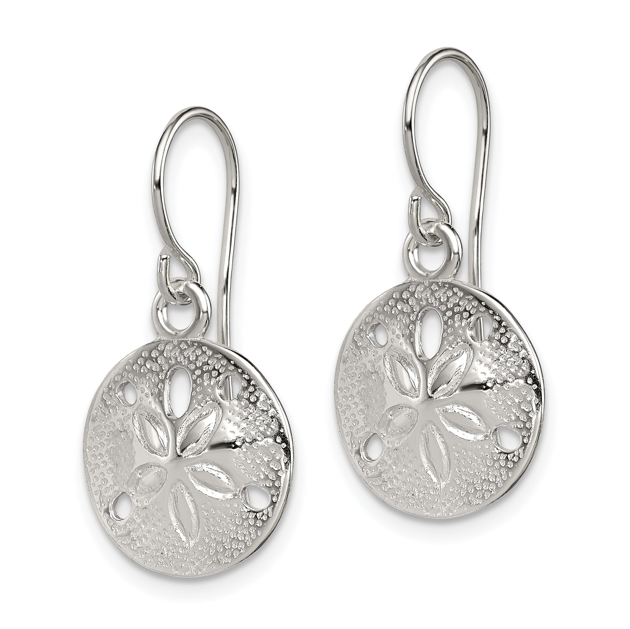 Sterling Silver Polished and Textured Sand Dollar Dangle Earrings Secondary image