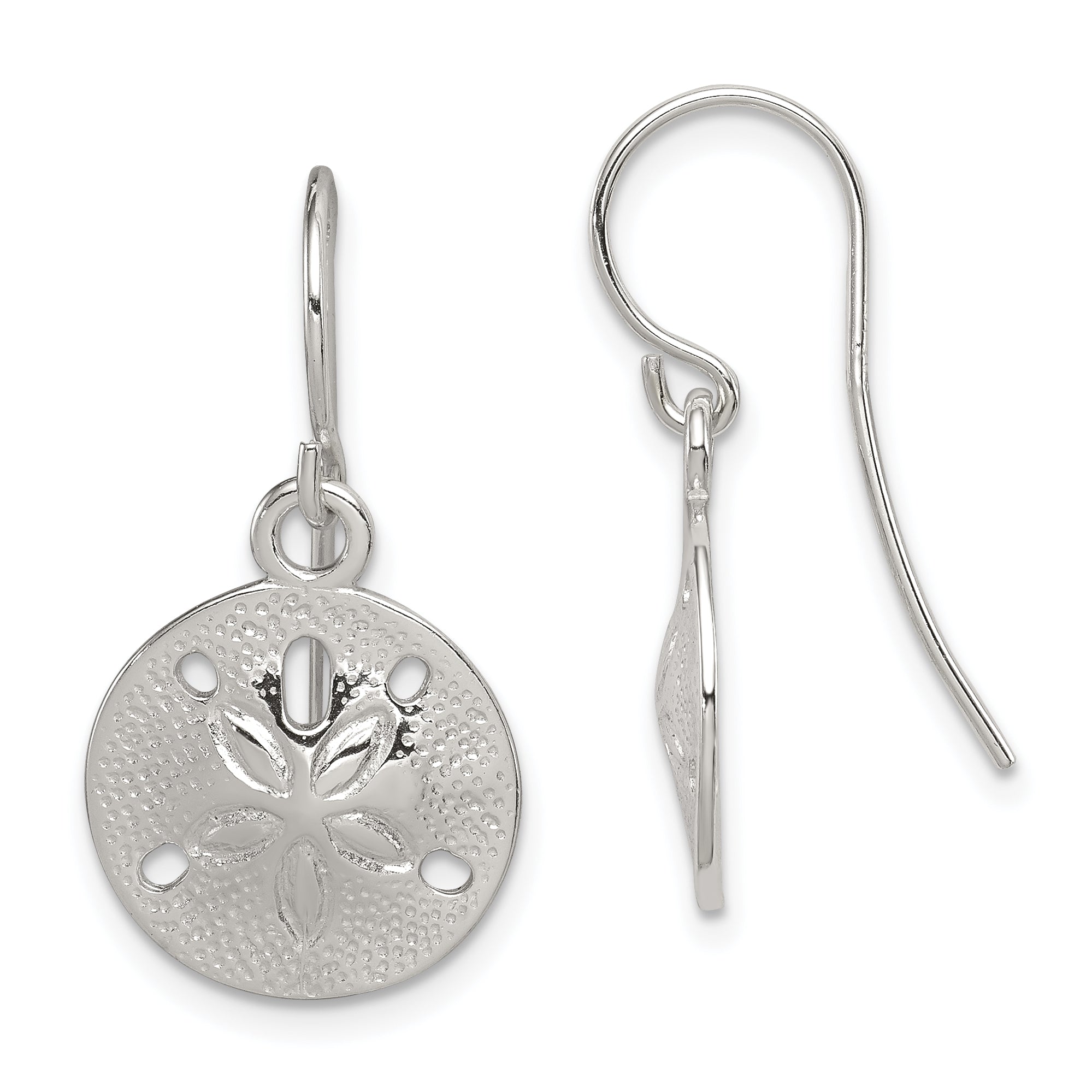 Sterling Silver Polished and Textured Sand Dollar Dangle Earrings Main image
