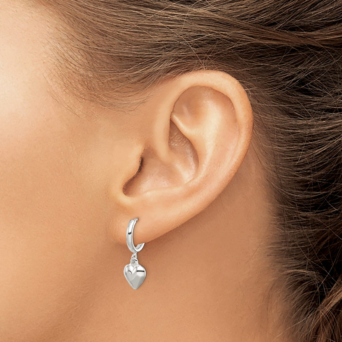 Puff Heart Hoop Dangle Earrings in Sterling Silver, 25mm - Sophia Jewelers