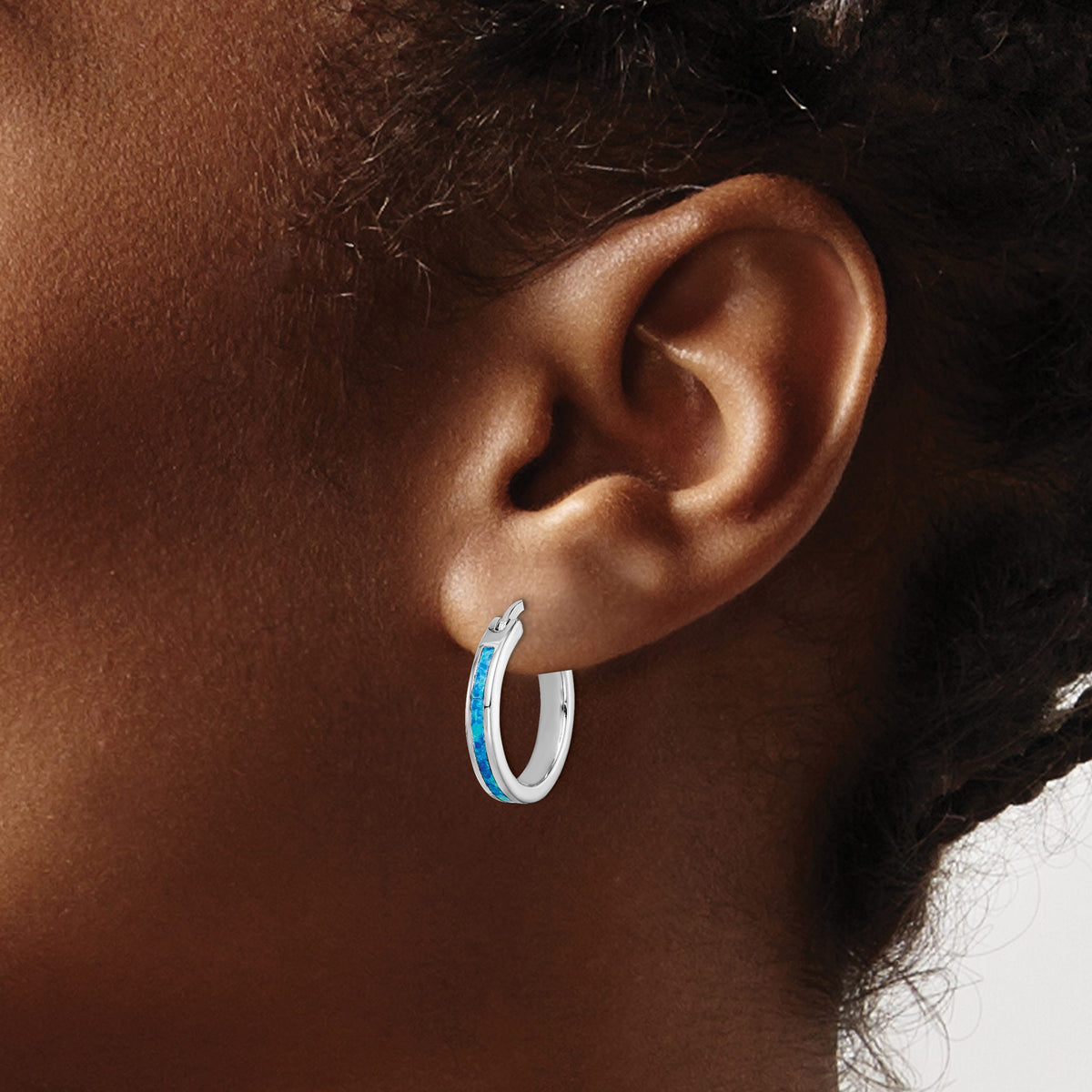 Round Created Blue Opal Hoop Earrings in Sterling Silver, 23mm - Sophia Jewelers
