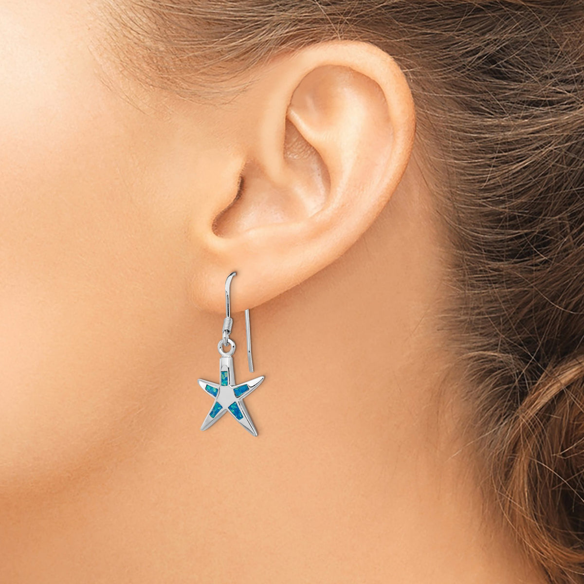 Created Blue Opal Starfish Dangle Earrings in Sterling Silver - Sophia Jewelers