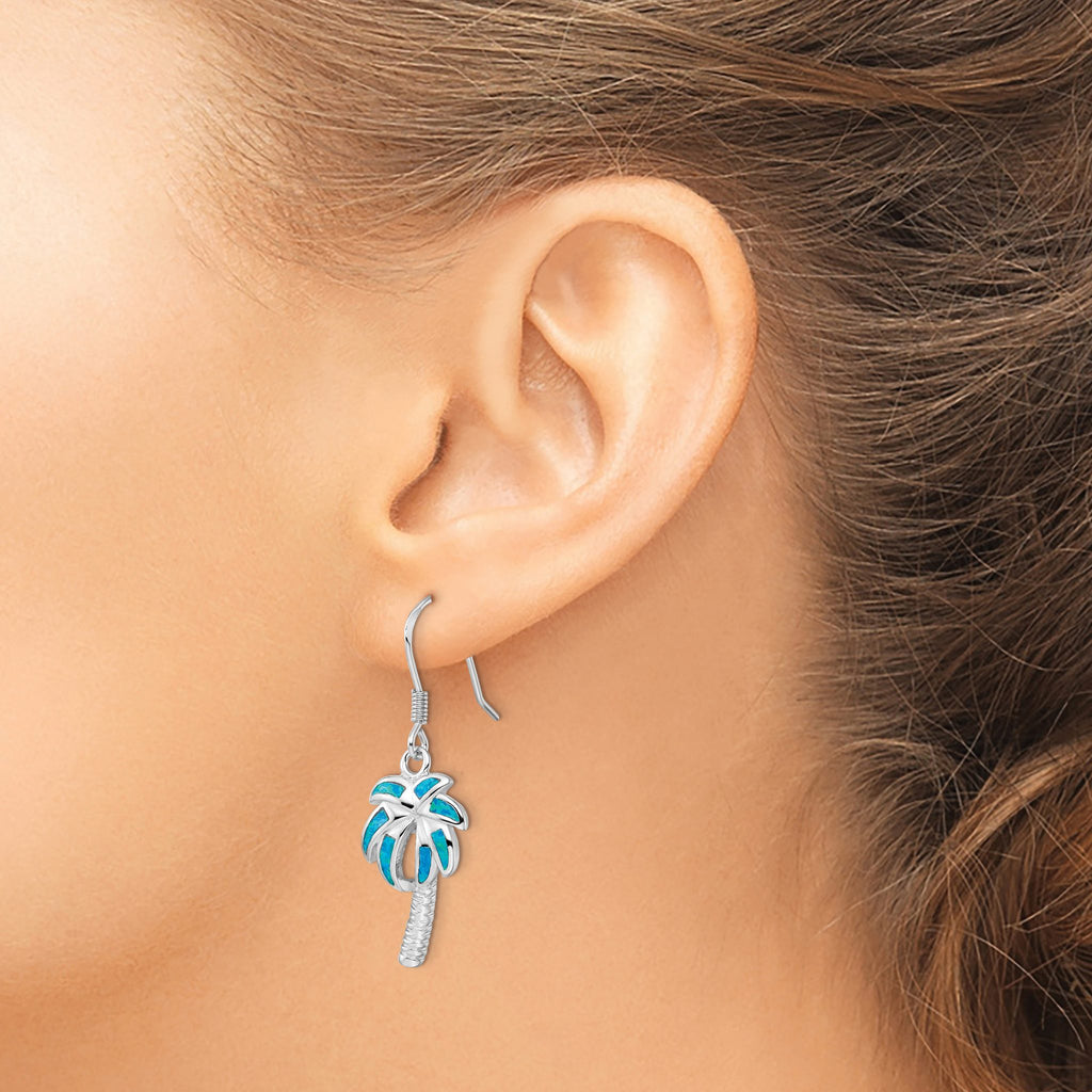 Created Blue Opal Palm Tree Dangle Earrings in Sterling Silver - Sophia Jewelers