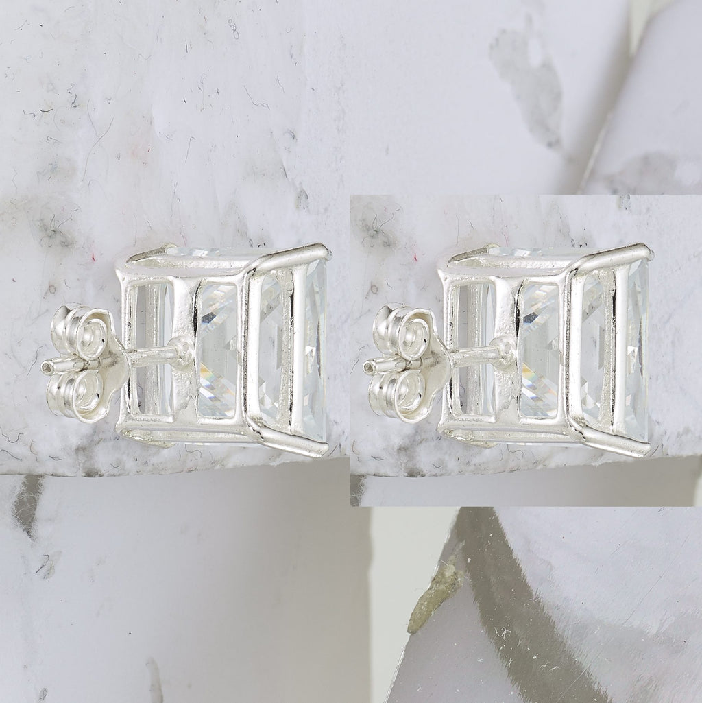 Sterling Silver 9mm Square Cubic Zirconia Basket Set Stud Earrings