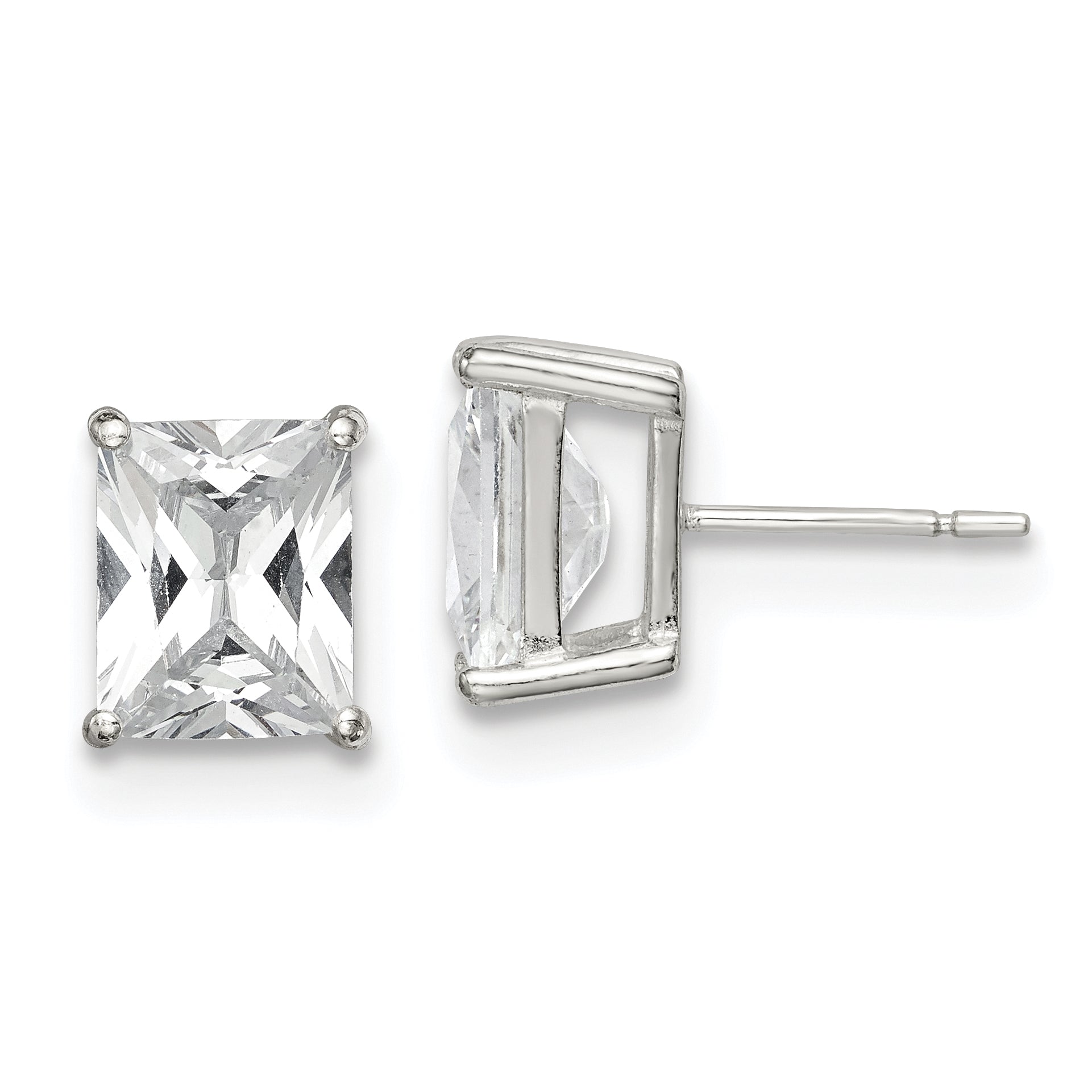 Sterling Silver Polished Emerald-cut 10x8mm Basket Set CZ Stud Earrings Main image