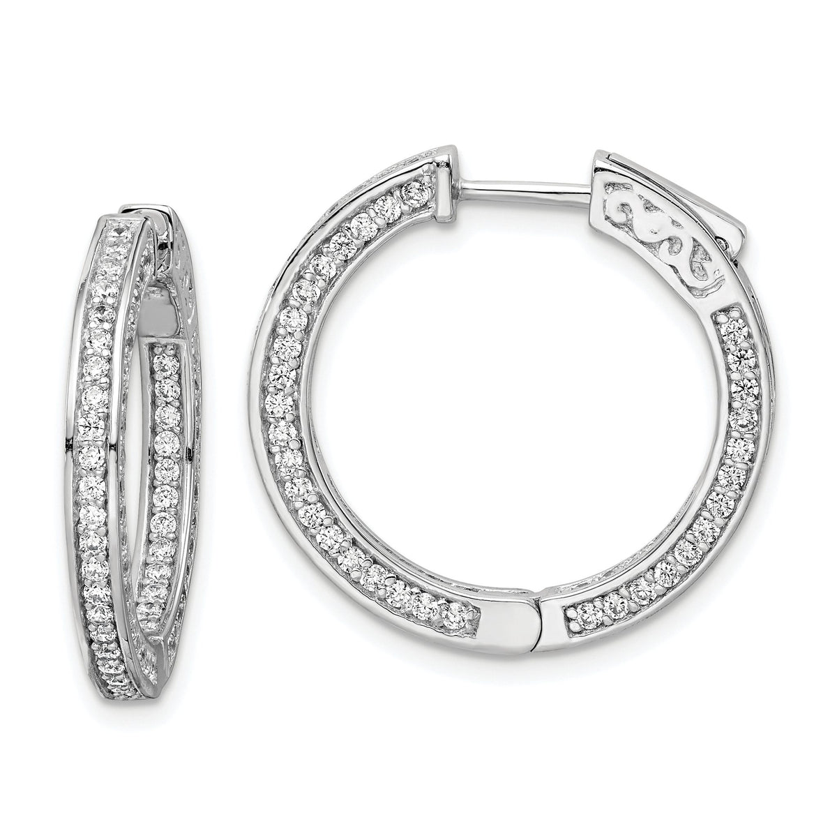 Stone Round Cubic Zirconia Out Hoop Earrings in Sterling Silver, 23mm Hinged - Sophia Jewelers Main image